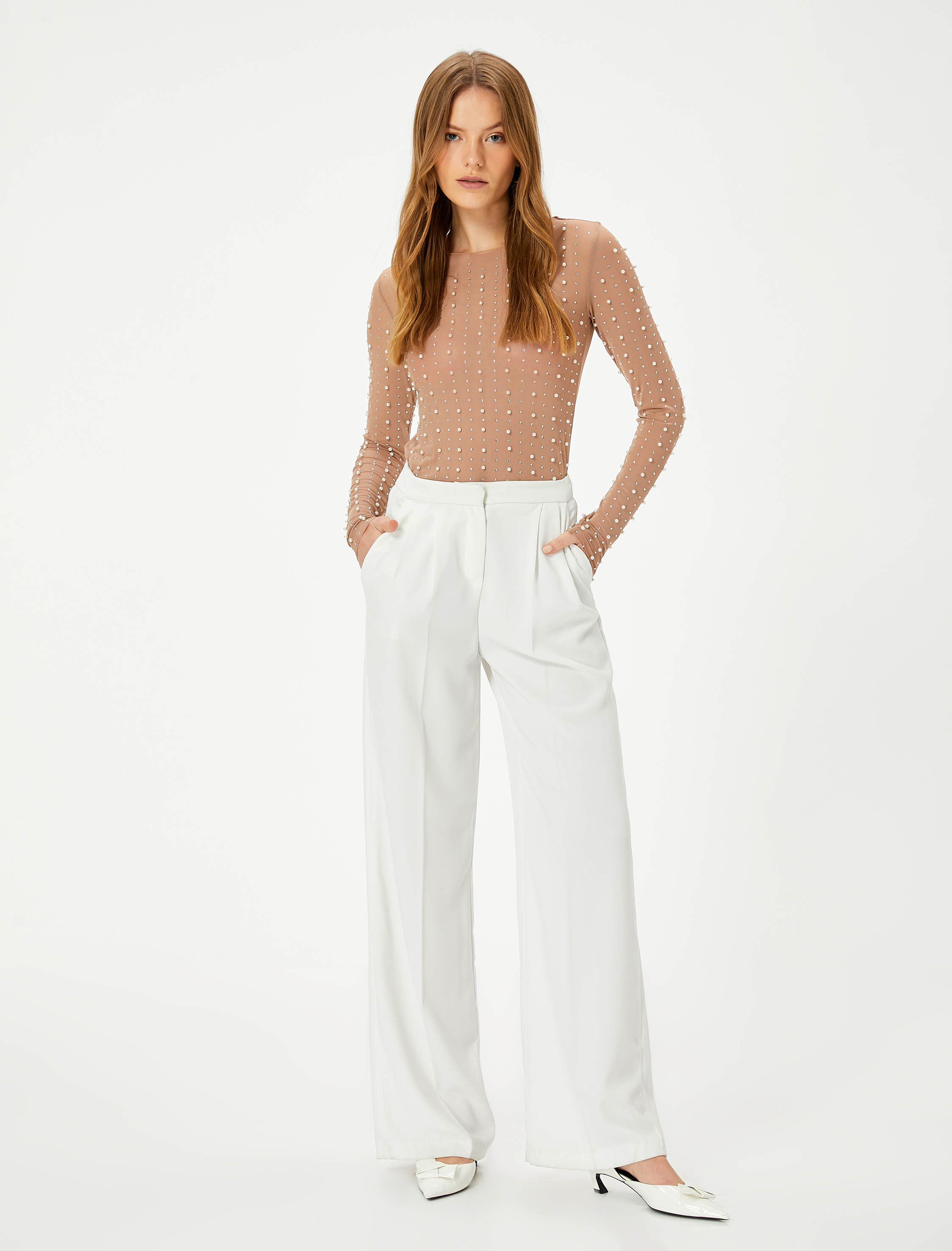   Abiye Bluz Taşlı İnci Detaylı Uzun Kollu Bisiklet Yaka Slim Fit