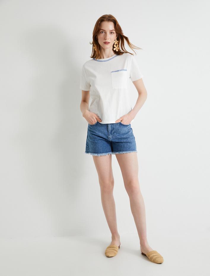  Kısa Kollu Tişört Bisiklet Yaka Cepli İşlemeli Pamuklu