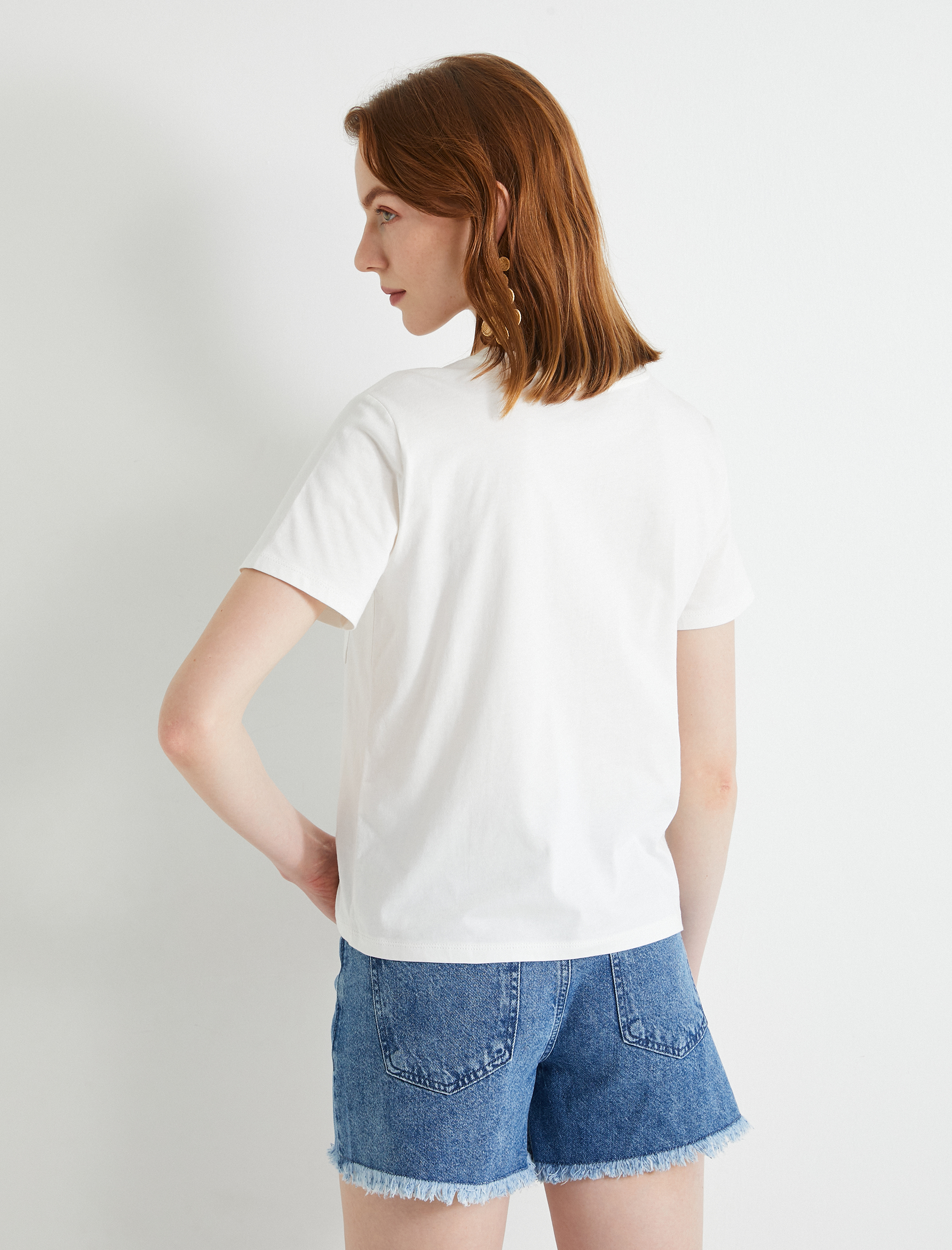   Kısa Kollu Tişört Bisiklet Yaka Cepli İşlemeli Pamuklu