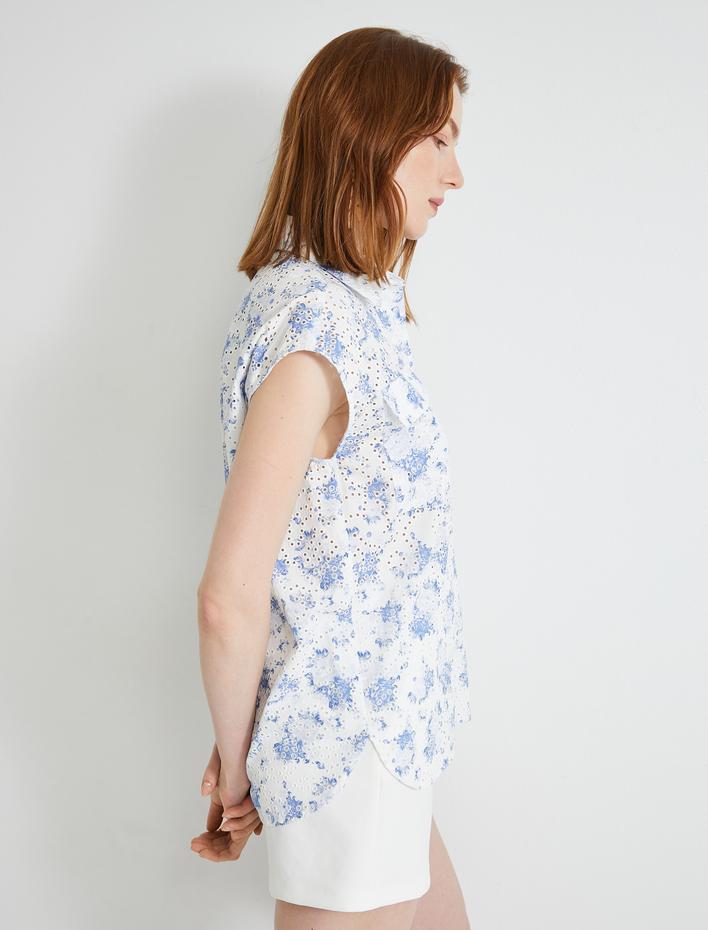  Çiçekli Gömlek Kısa Kollu Fisto Cep Detaylı Düğmeli Pamuklu