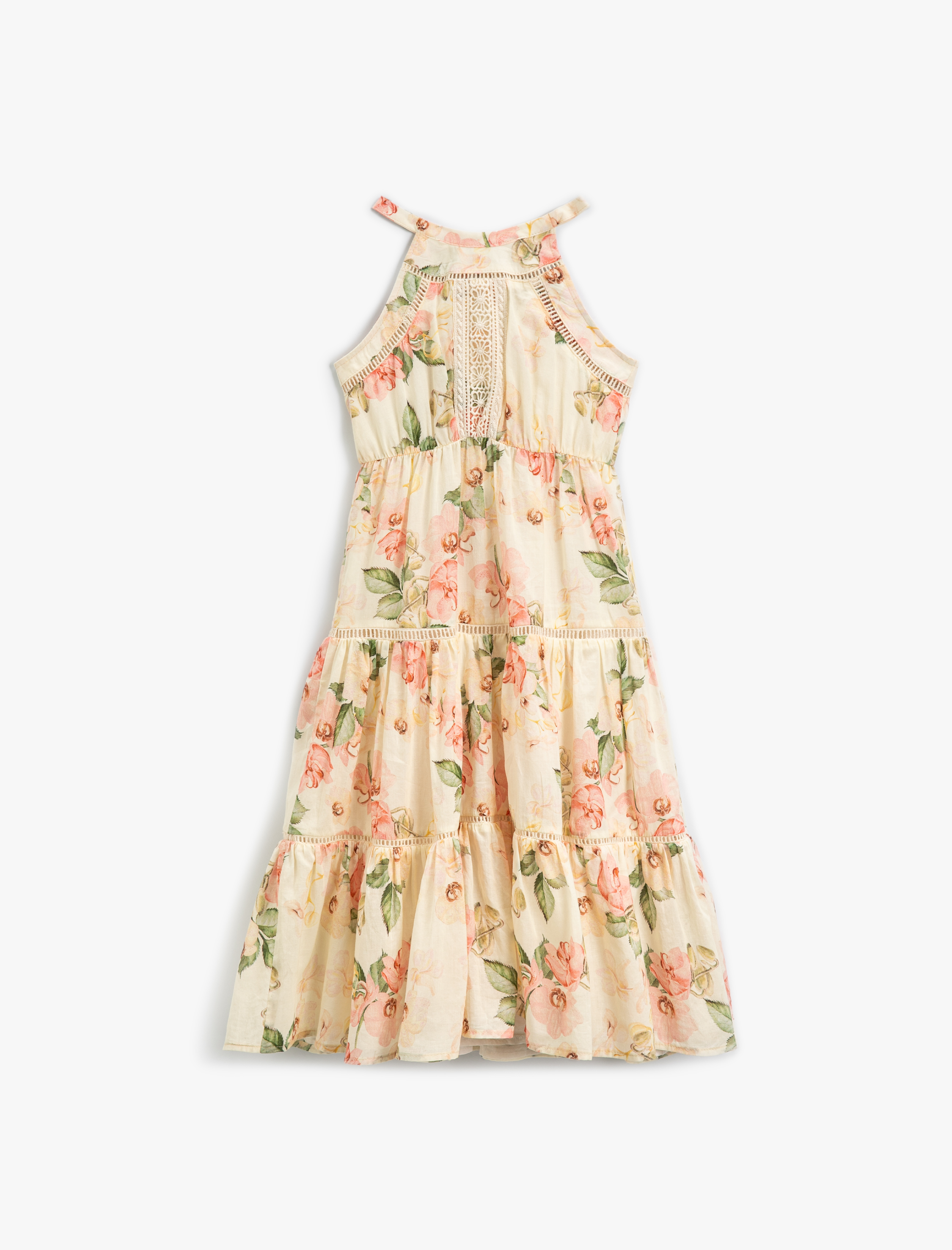  Kız Çocuk Uzun Elbise Çiçek Desenli Halter Yaka Kolsuz Pamuklu