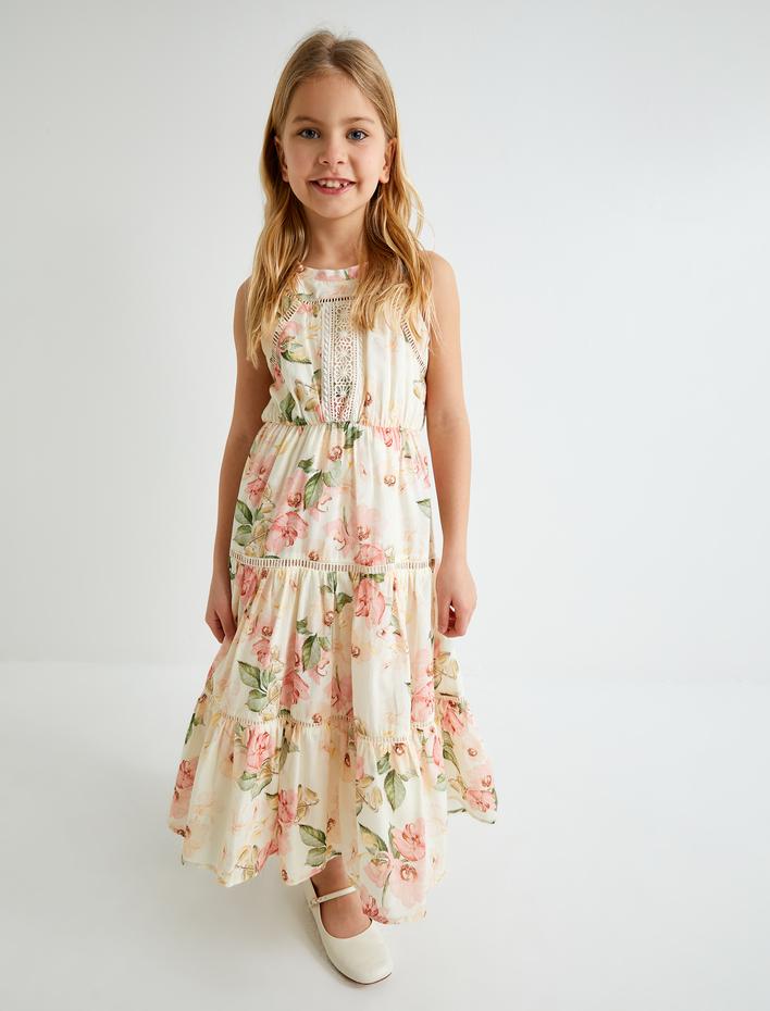 Kız Çocuk Uzun Elbise Çiçek Desenli Halter Yaka Kolsuz Pamuklu