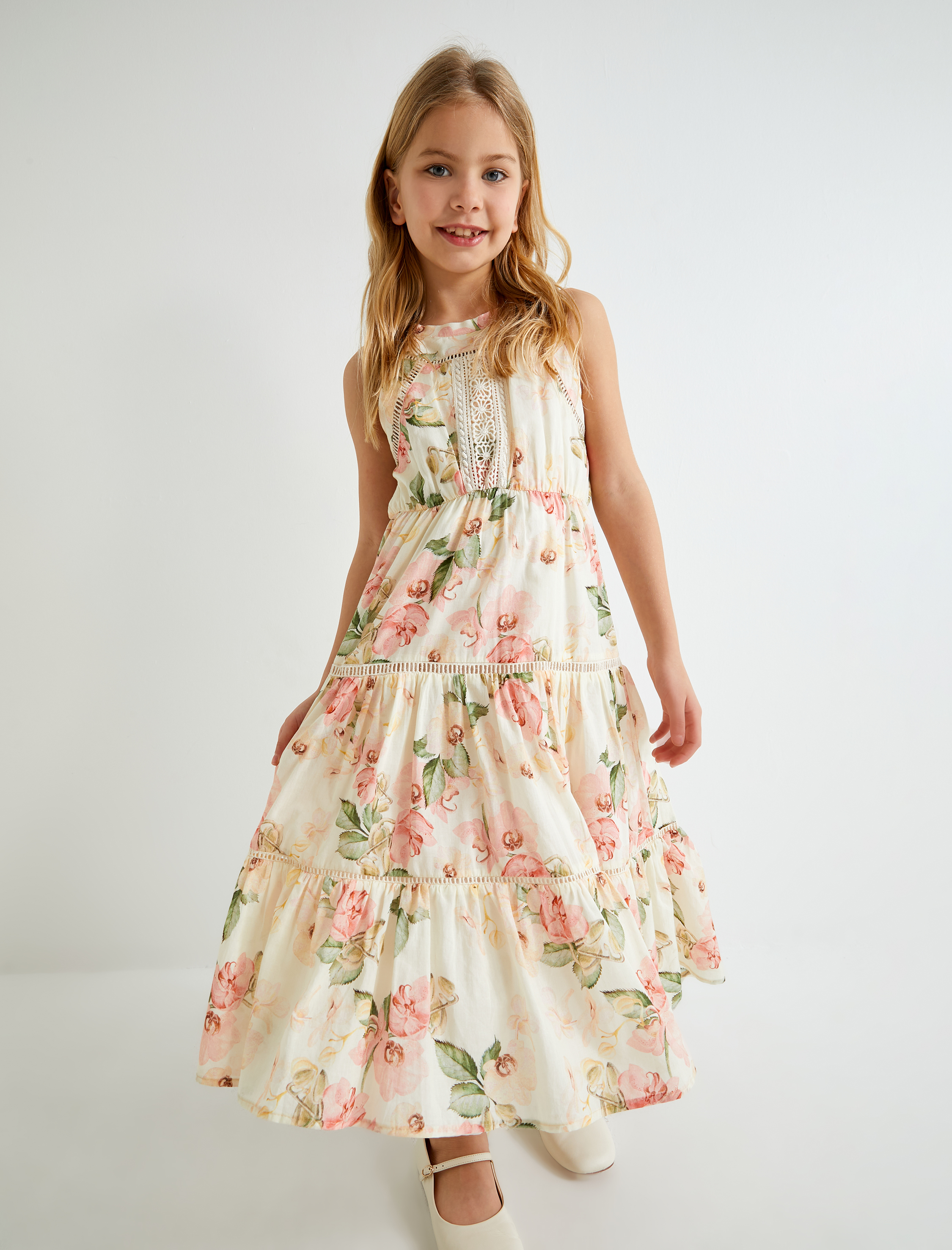  Kız Çocuk Uzun Elbise Çiçek Desenli Halter Yaka Kolsuz Pamuklu
