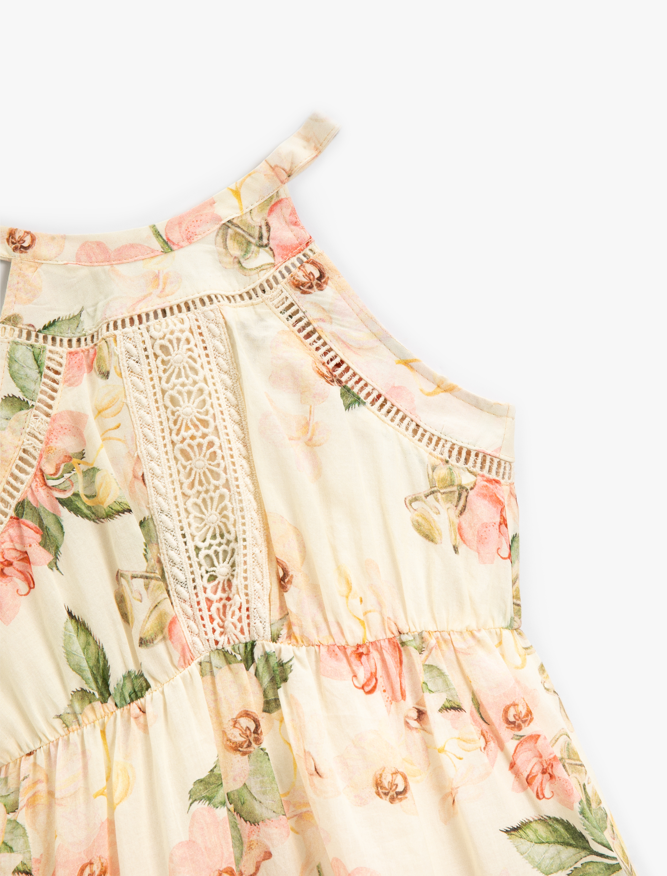  Kız Çocuk Uzun Elbise Çiçek Desenli Halter Yaka Kolsuz Pamuklu