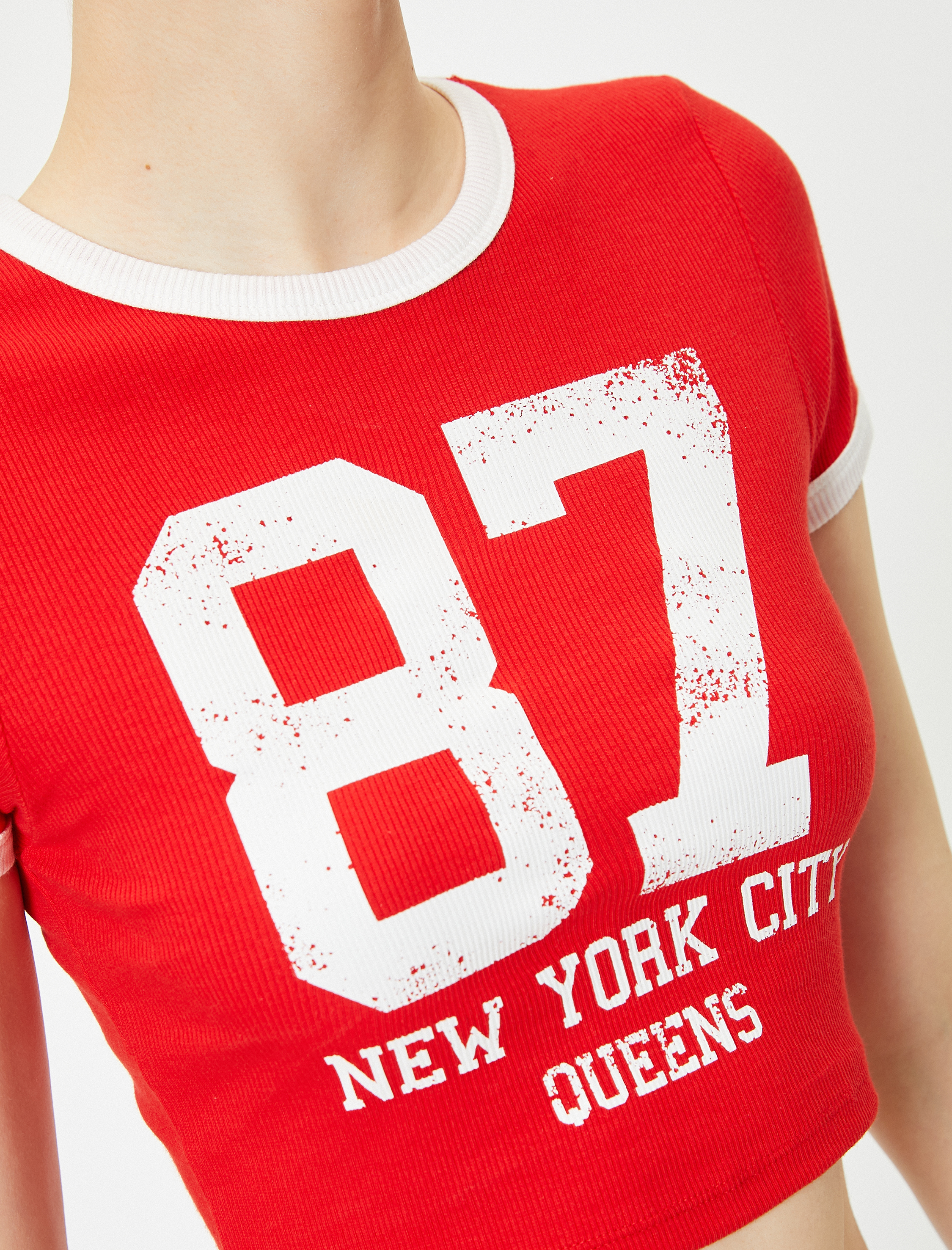   Crop Kolej Tişört Baskılı Kısa Kollu Bisiklet Yaka Biyeli