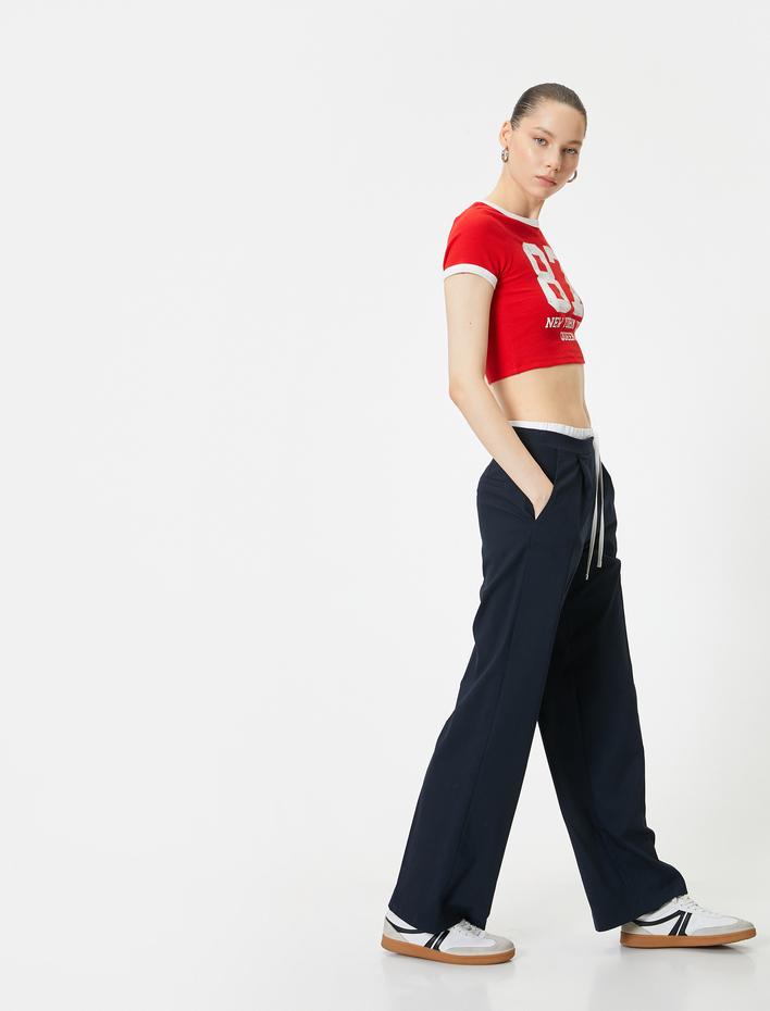  Crop Kolej Tişört Baskılı Kısa Kollu Bisiklet Yaka Biyeli