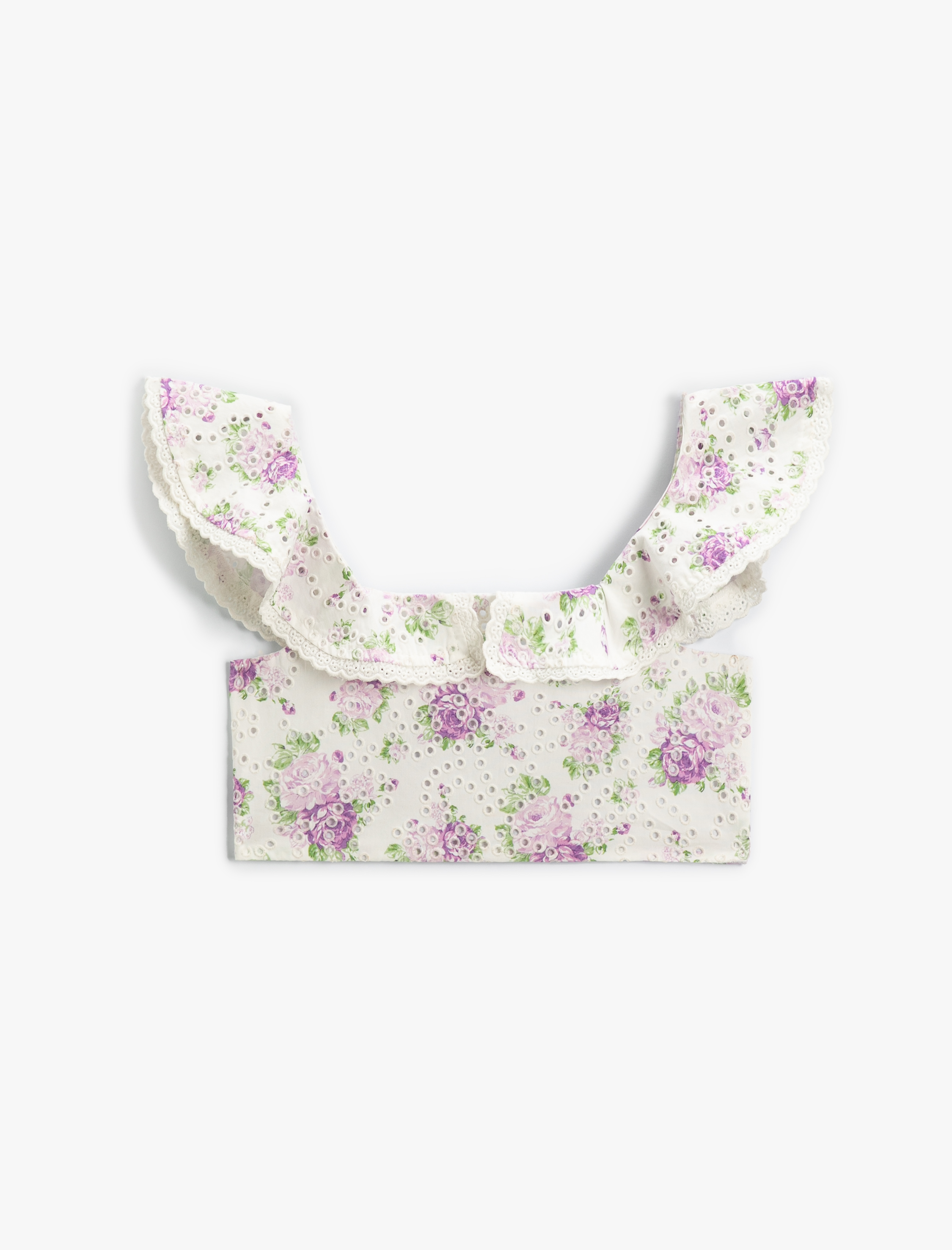  Kız Çocuk Crop Bluz Fistolu Çiçek Desenli Fırfırlı