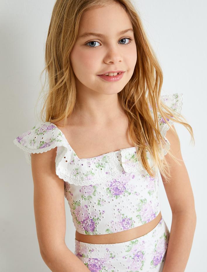 Kız Çocuk Crop Bluz Fistolu Çiçek Desenli Fırfırlı