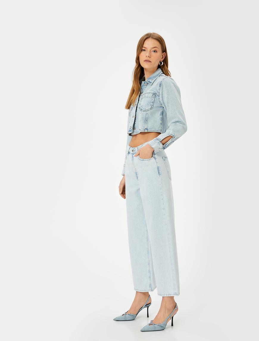   Kısa geniş Paça Kot Pantolon Standart Bel Cepli - Bianca Crop Wide Leg Jeans