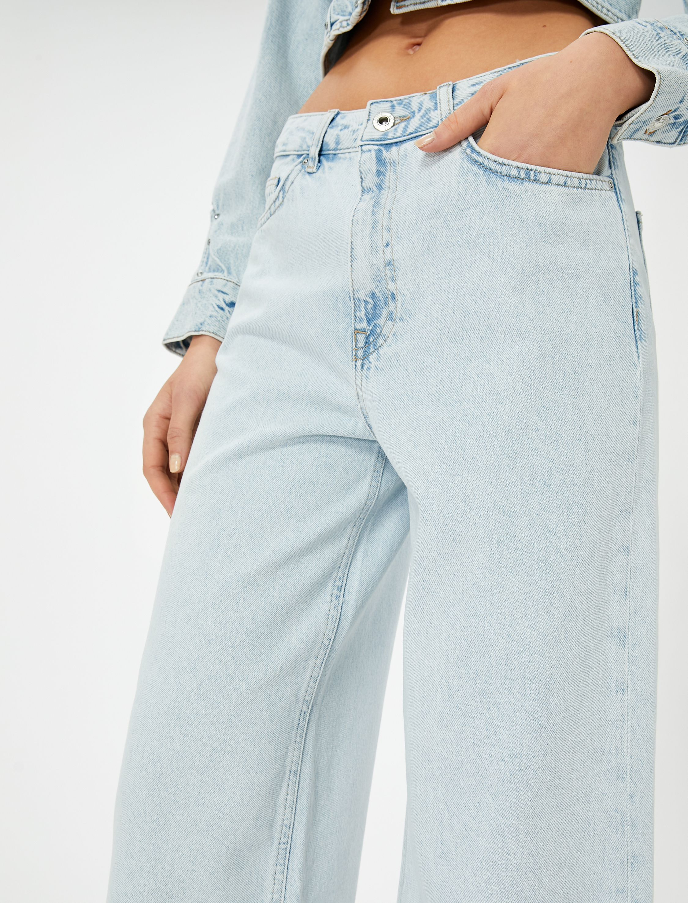   Kısa geniş Paça Kot Pantolon Standart Bel Cepli - Bianca Crop Wide Leg Jeans