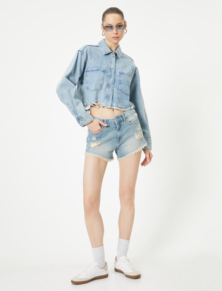  Mini Kot Şort Yıpratılmış Rahat Kalıp Cepli