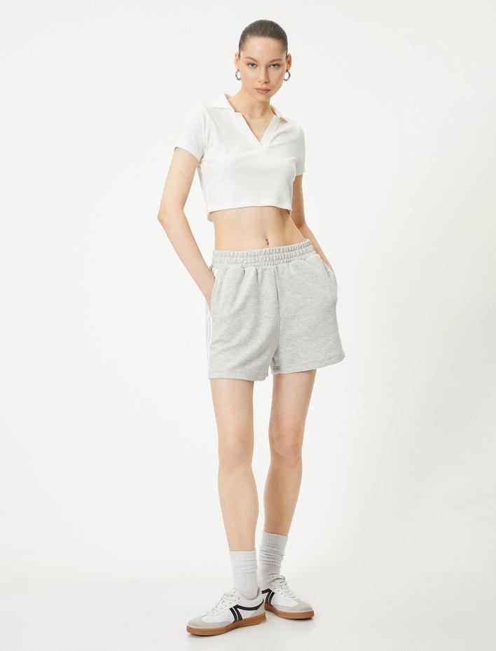  Mini Şort Yüksek Bel Yandan Çizgi Detaylı Cepli