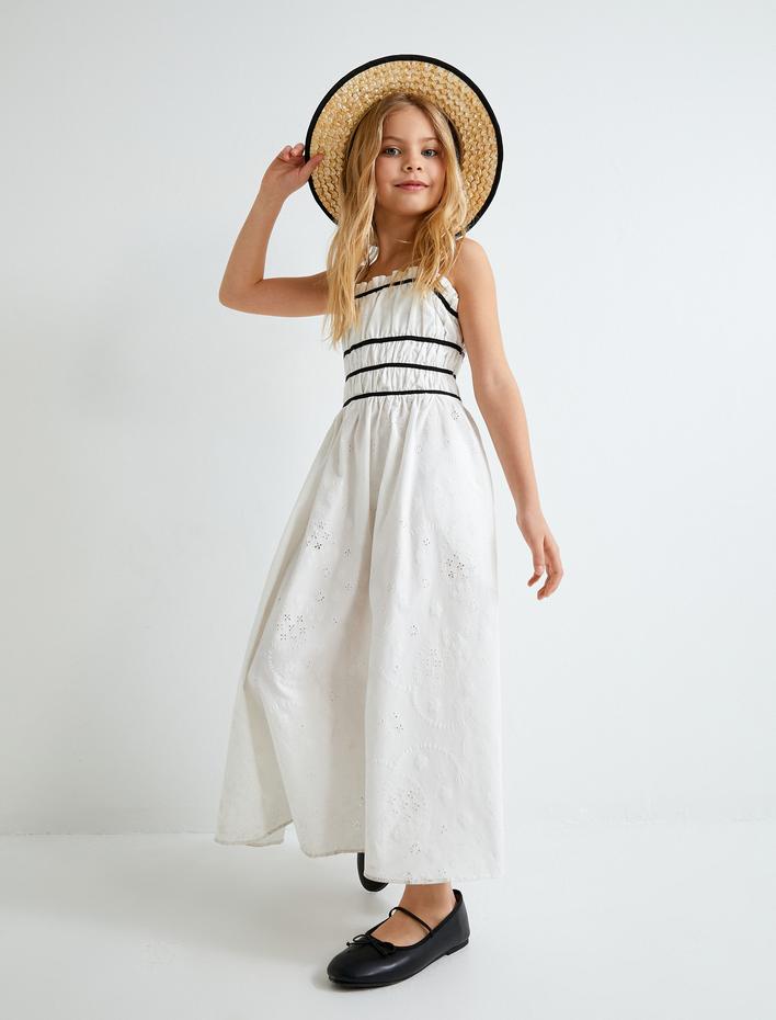 Kız Çocuk Uzun Elbise Arkası Fiyonk Detaylı İnce Askılı Pamuklu