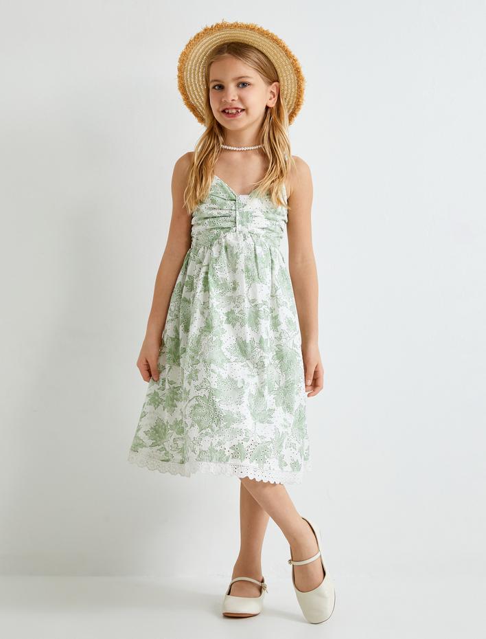 Kız Çocuk Uzun Elbise Çiçek Desenli Askılı Büzgü Detaylı Pamuklu