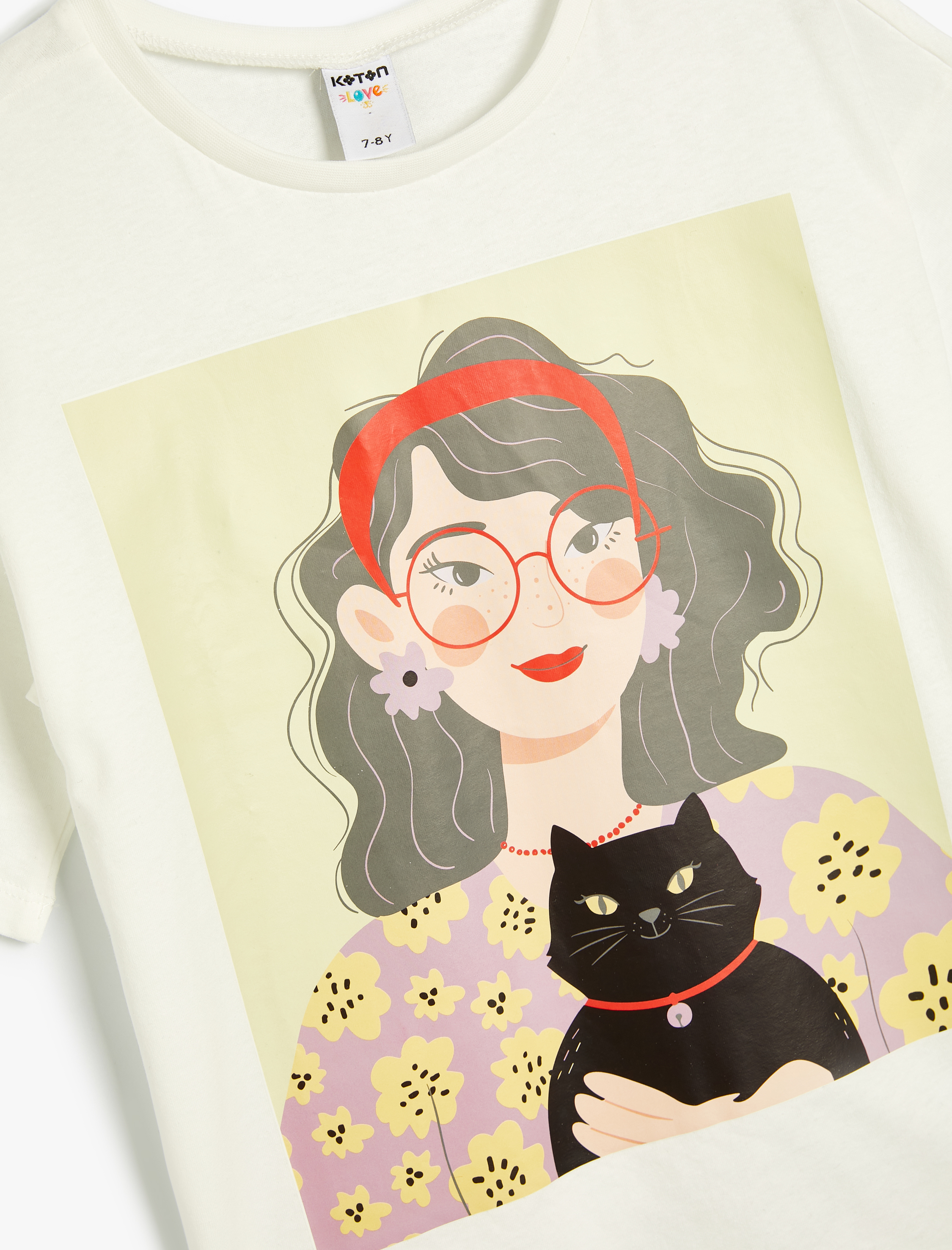  Kız Çocuk Tişört Kısa Kollu Kedi Baskılı Bisiklet Yaka Pamuklu