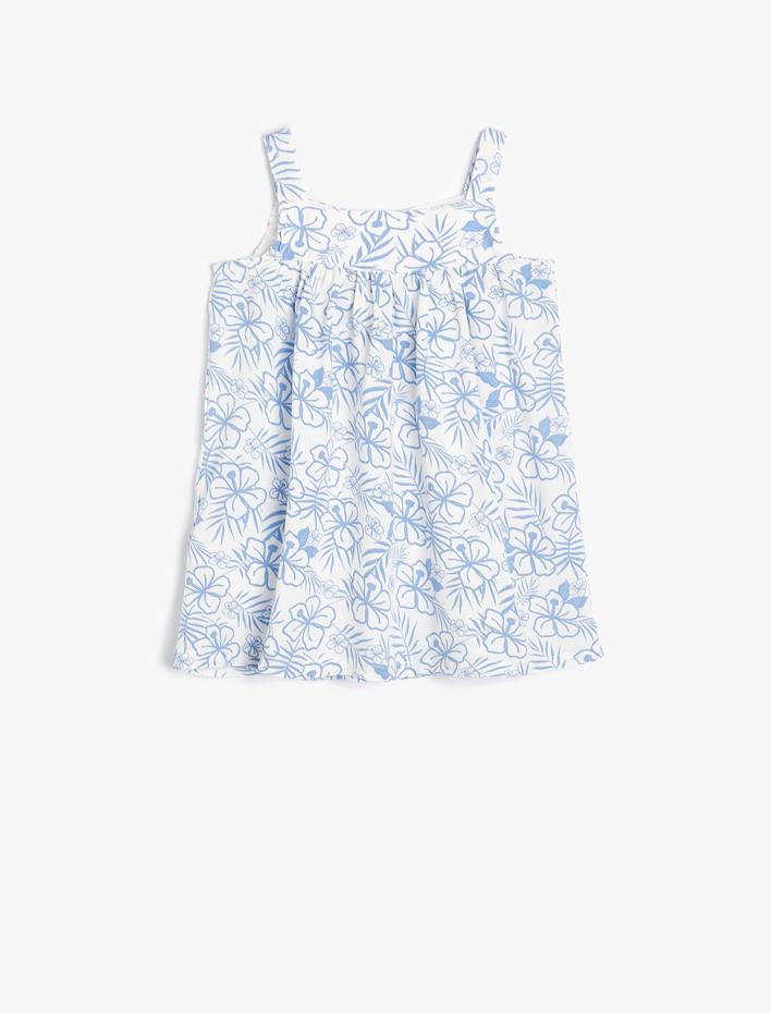 Kız Bebek Askılı Elbise Çiçek Desenli Kare Yaka Viskon Kumaş
