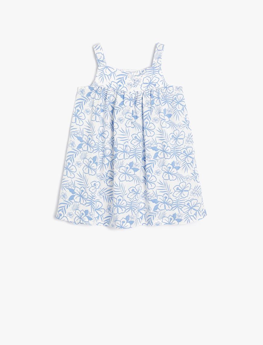  Kız Bebek Askılı Elbise Çiçek Desenli Kare Yaka Viskon Kumaş