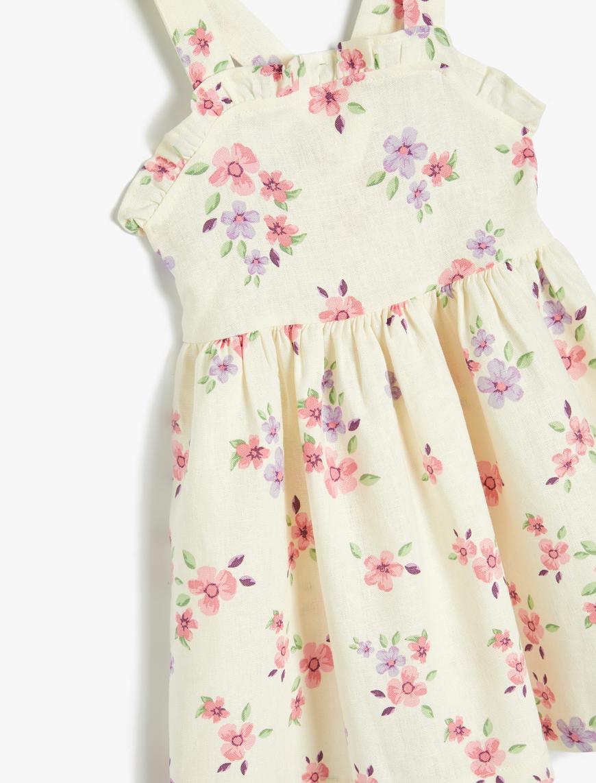  Kız Bebek Askılı Keten Elbise Fırfırlı Çiçek Desenli Kare Yaka