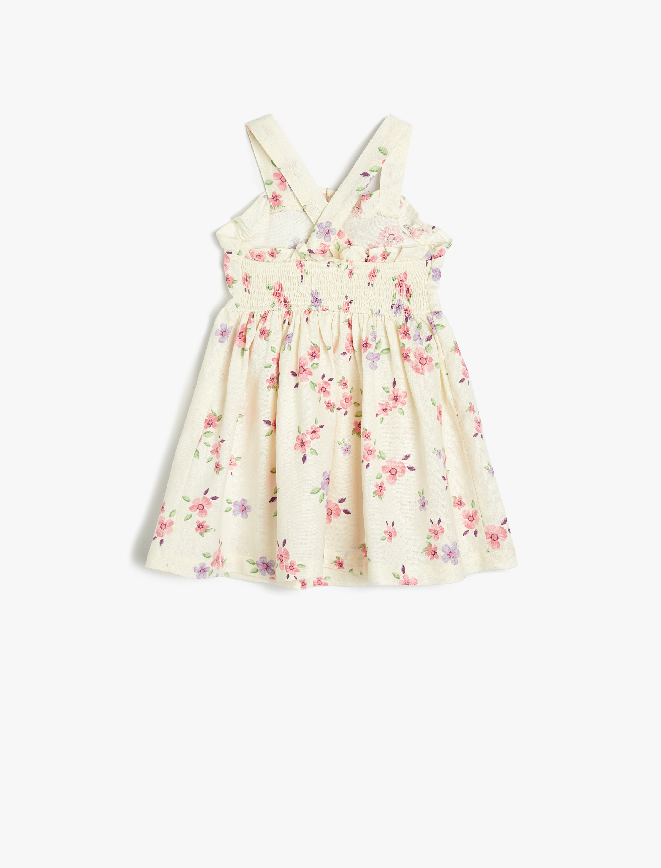  Kız Bebek Askılı Keten Elbise Fırfırlı Çiçek Desenli Kare Yaka