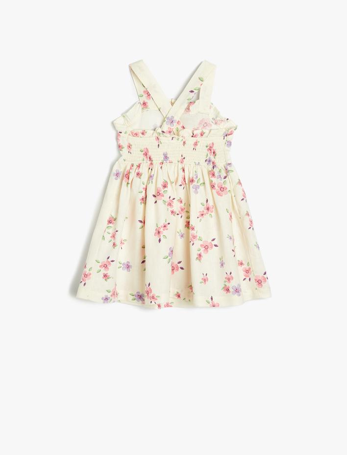 Kız Bebek Askılı Keten Elbise Fırfırlı Çiçek Desenli Kare Yaka