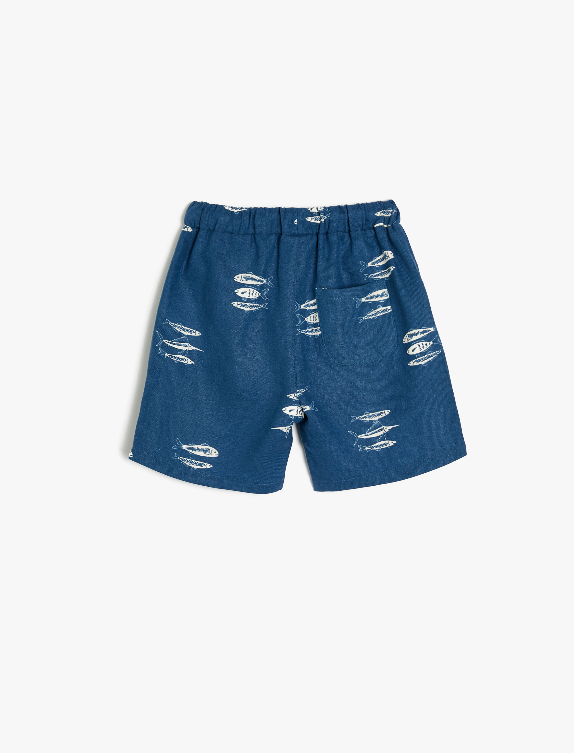  Erkek Bebek Keten Şort Balık Baskılı Beli Bağlamalı Cepli