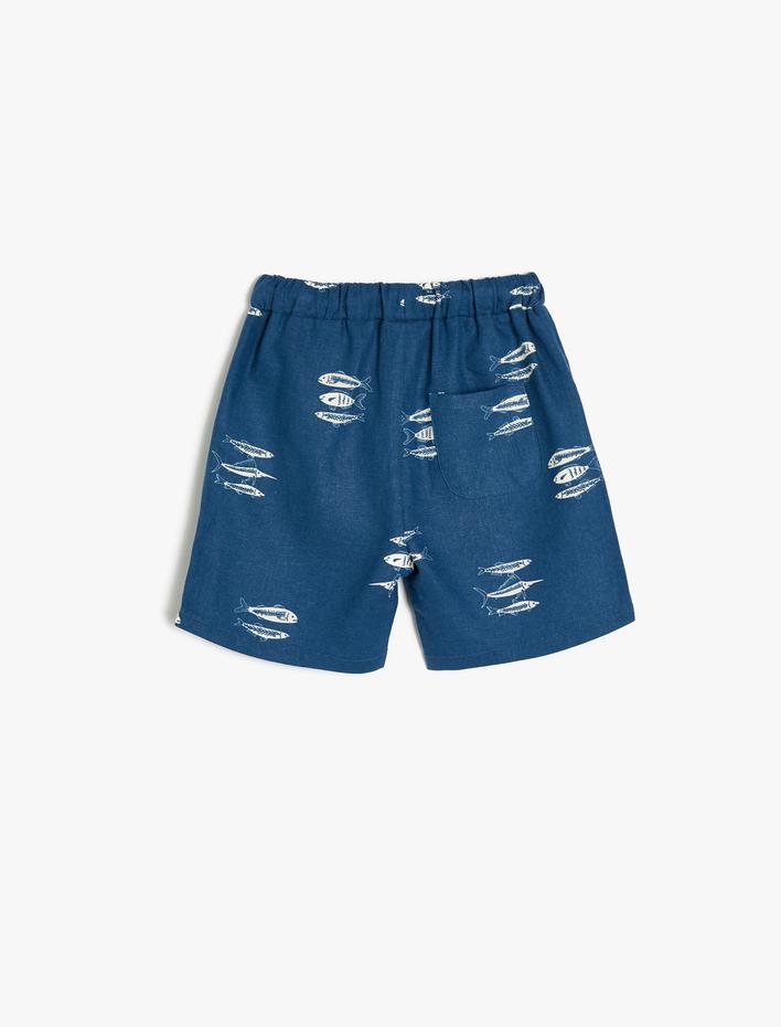 Erkek Bebek Keten Şort Balık Baskılı Beli Bağlamalı Cepli