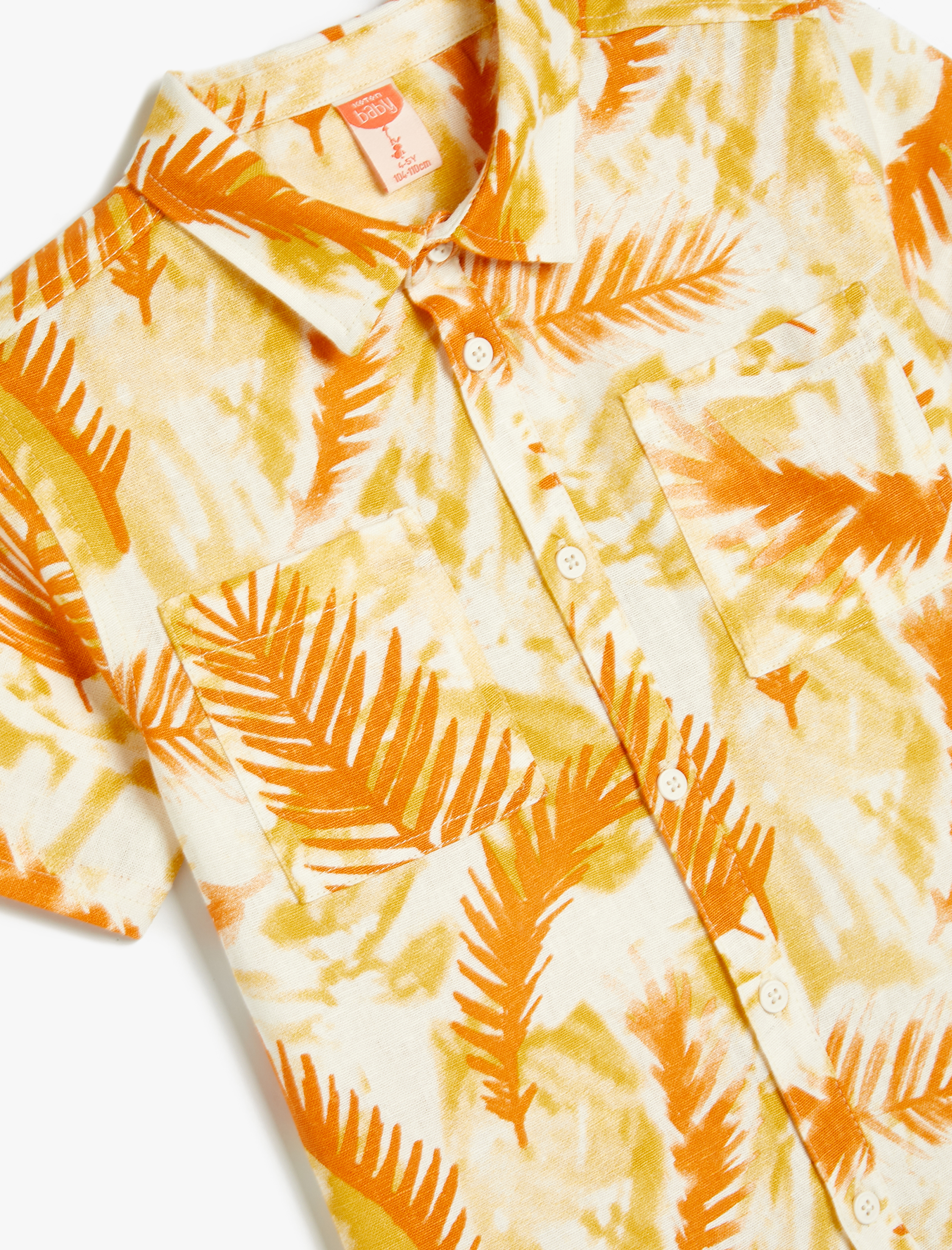  Erkek Bebek Keten Gömlek Kısa Kollu Yaprak Desenli Tek Cepli