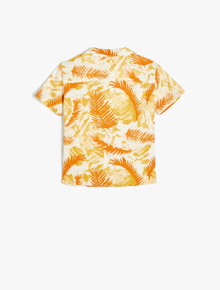 Erkek Bebek Keten Gömlek Kısa Kollu Yaprak Desenli Tek Cepli