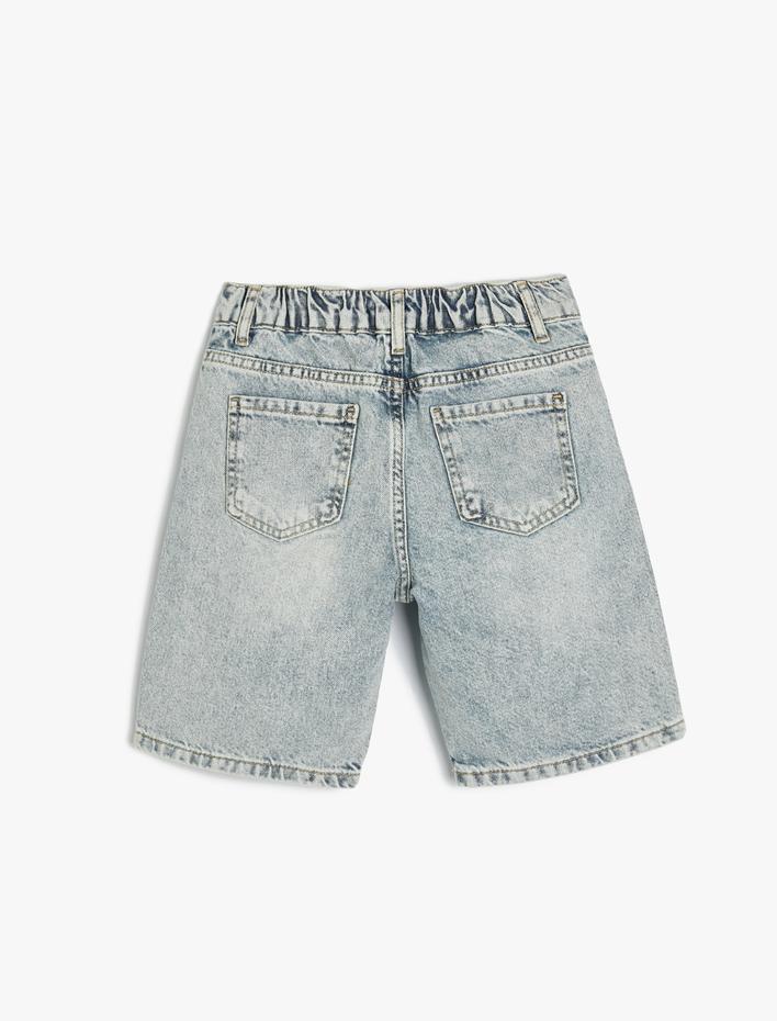 Erkek Çocuk Kot Şort Beli Bağlamalı Düğmeli Cepli Pamuklu