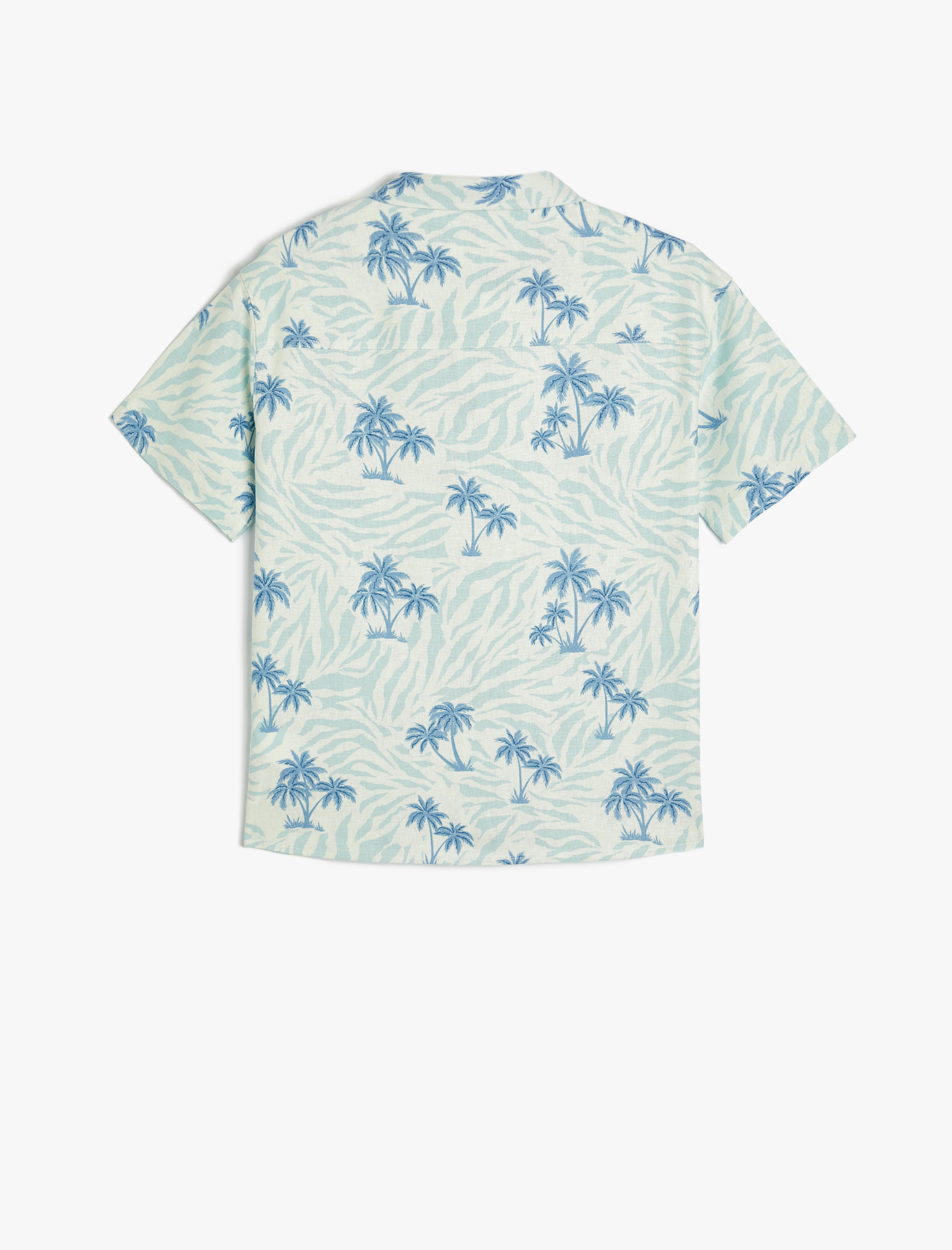  Erkek Çocuk Keten Gömlek Kısa Kollu Palmiye Baskılı Tek Cepli