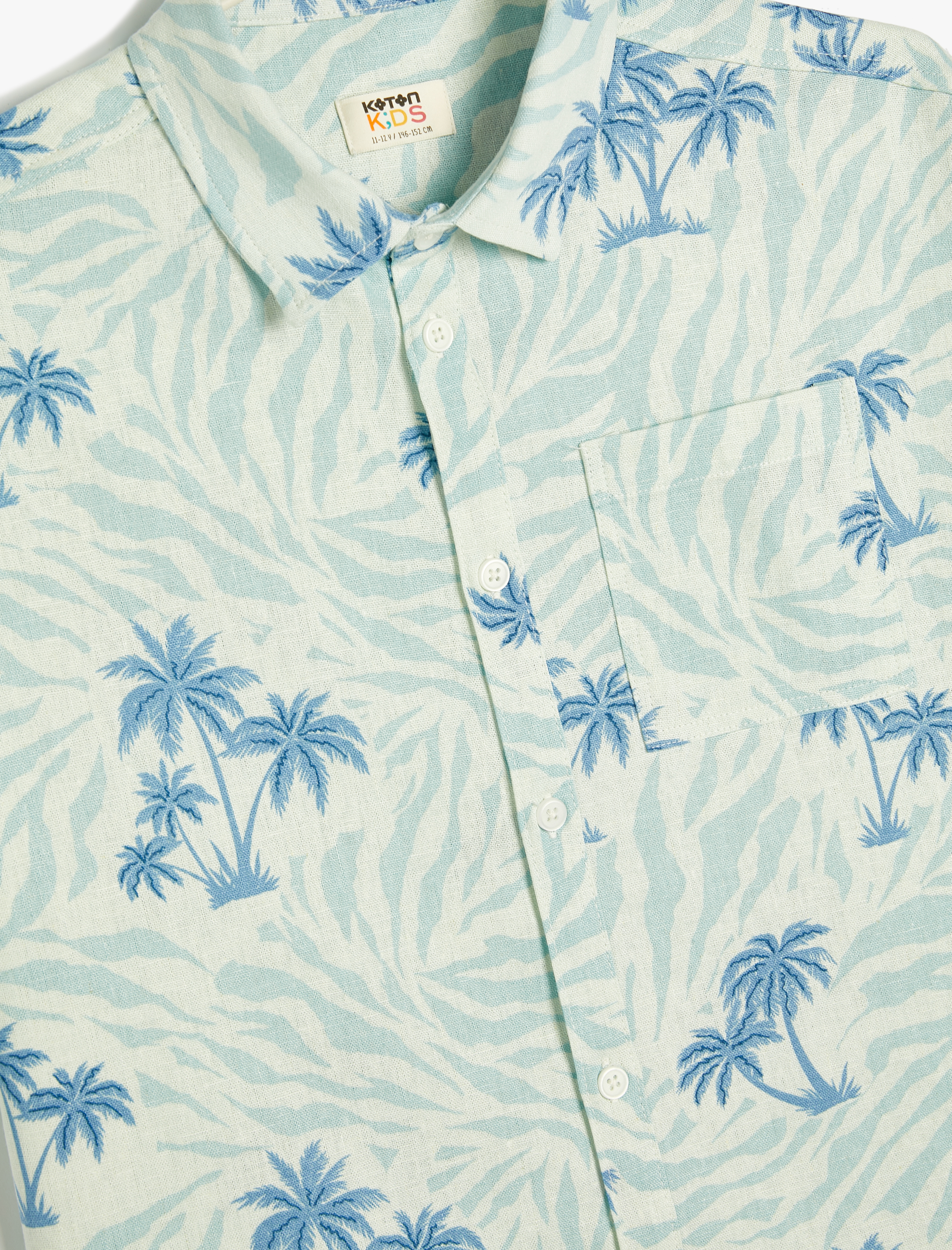  Erkek Çocuk Keten Gömlek Kısa Kollu Palmiye Baskılı Tek Cepli