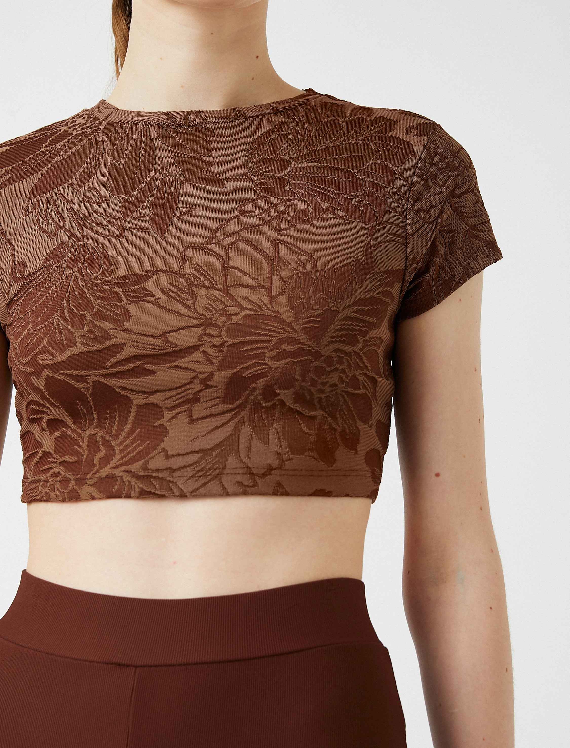   Desenli Crop Tişört Kısa Kollu Bisiklet Yaka