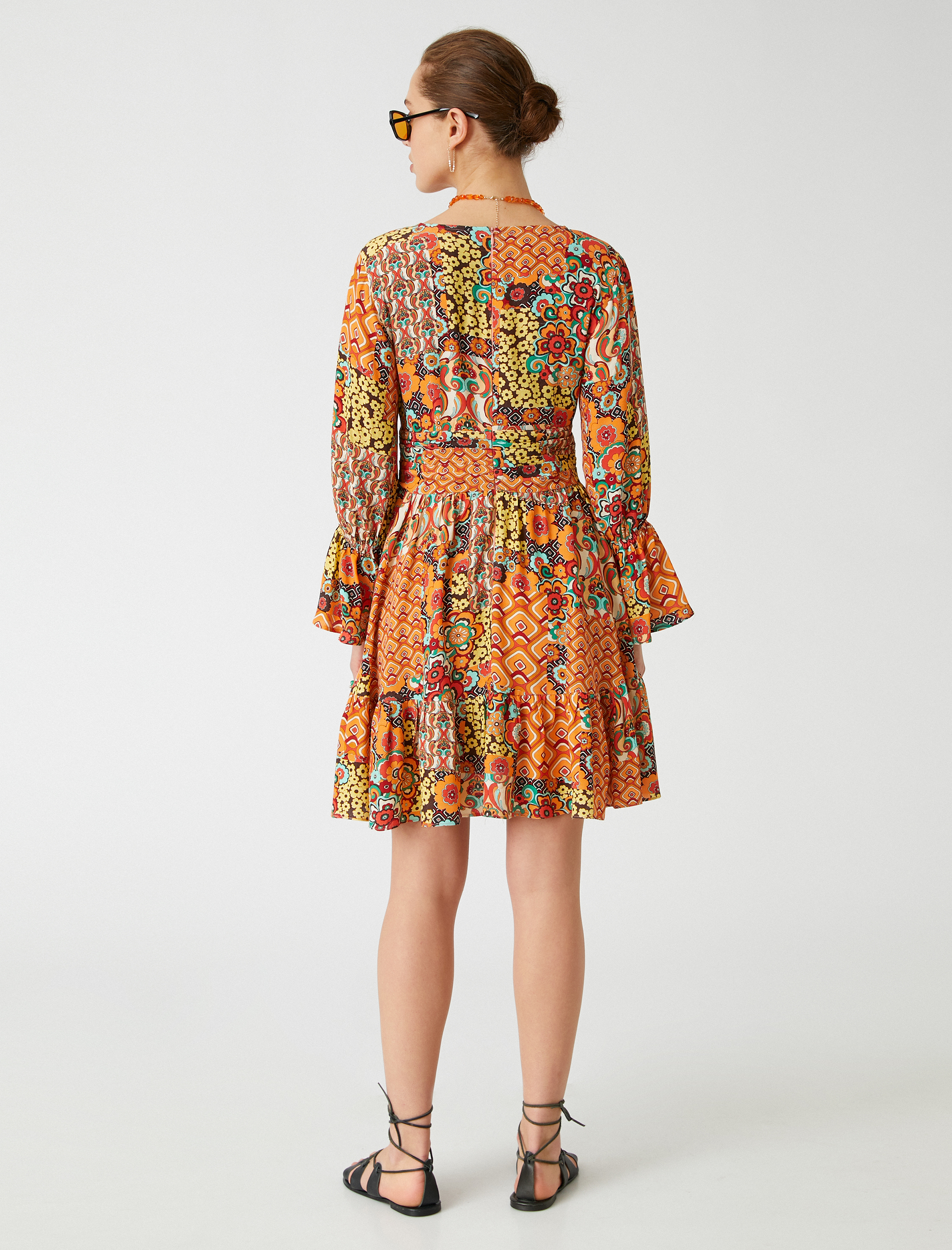   Mini Viskon Elbise Etnik Desenli Uzun Kollu