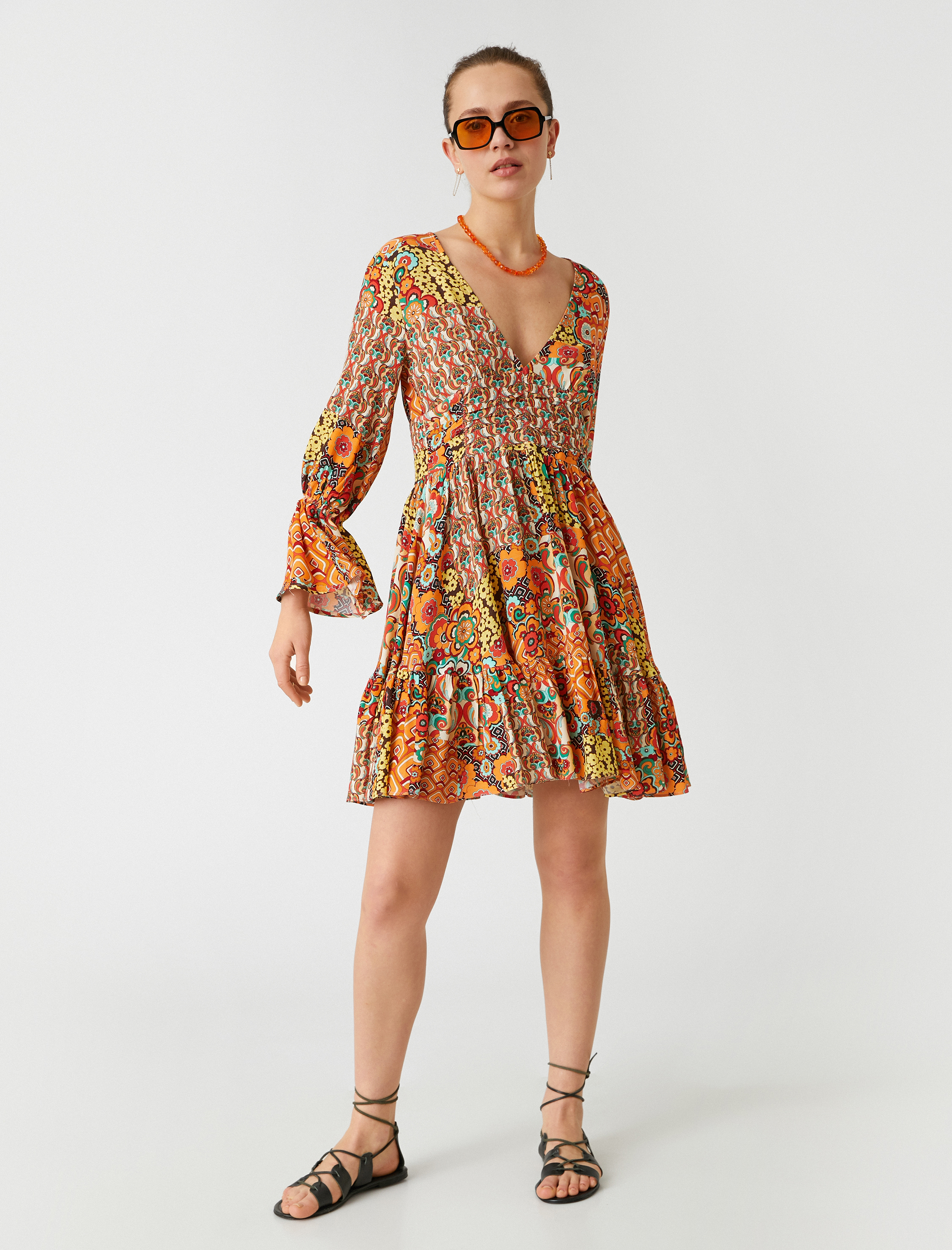   Mini Viskon Elbise Etnik Desenli Uzun Kollu