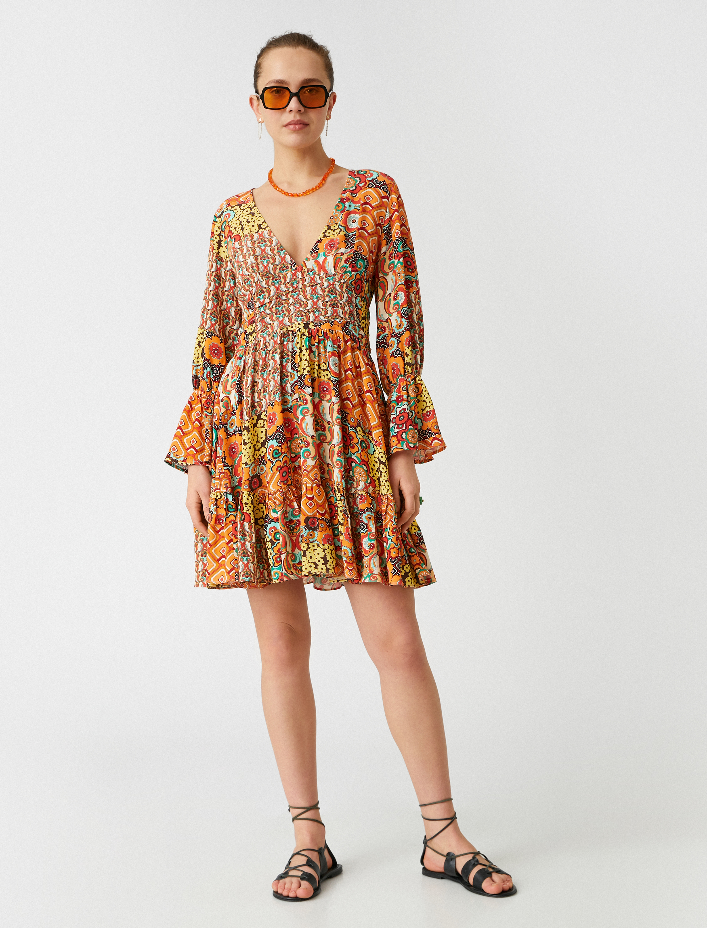   Mini Viskon Elbise Etnik Desenli Uzun Kollu