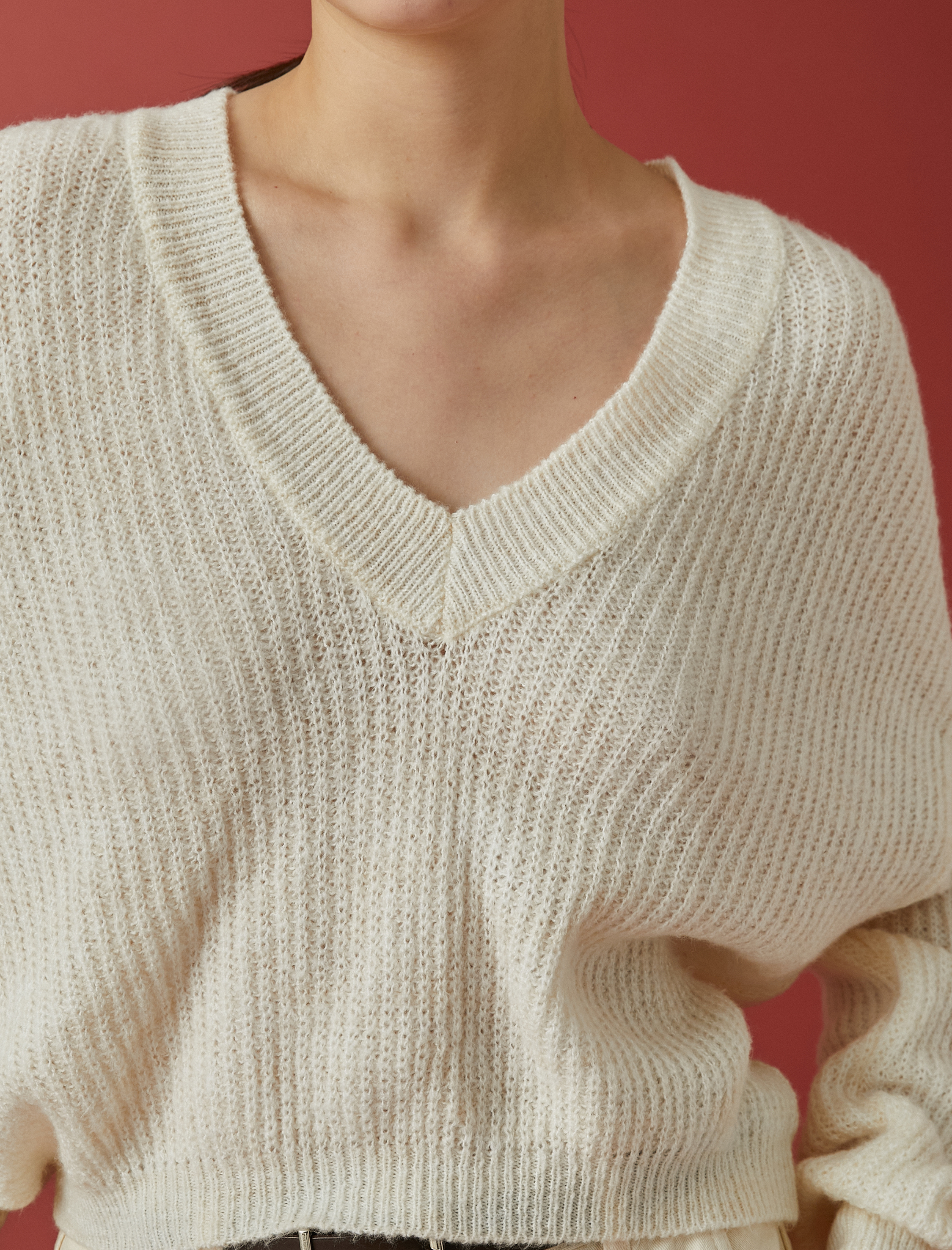   Crop Triko Kazak V Yaka Uzun Kollu