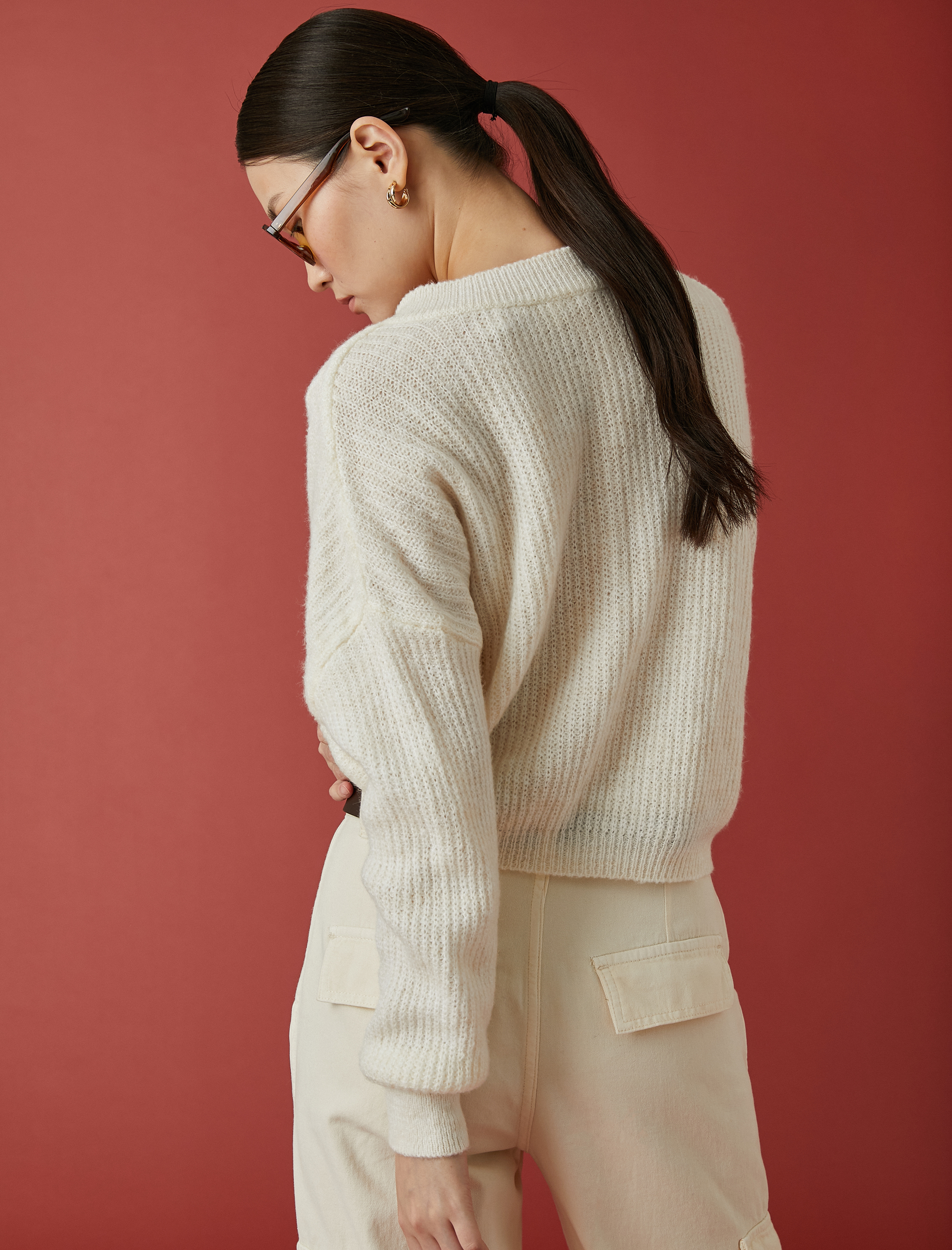   Crop Triko Kazak V Yaka Uzun Kollu