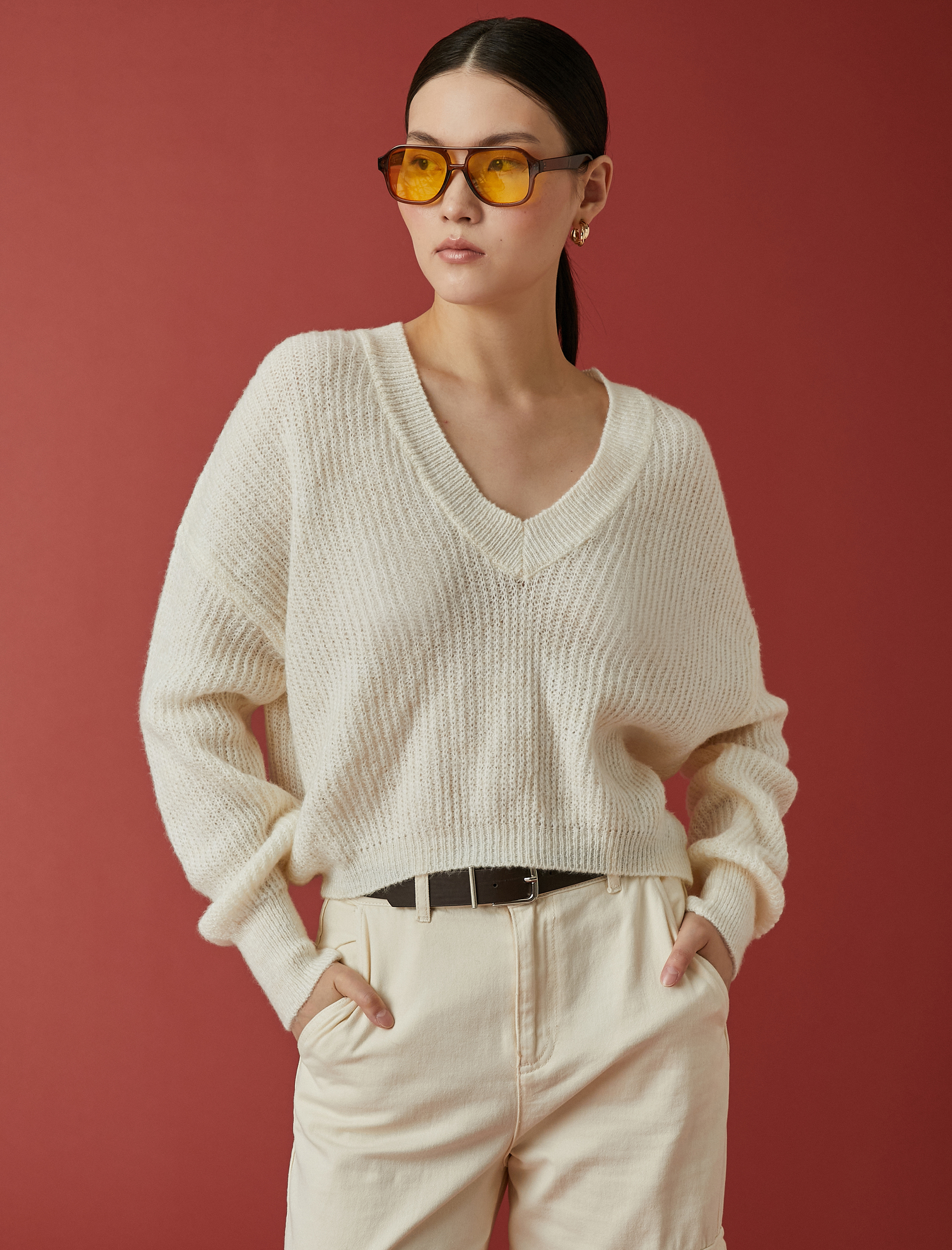   Crop Triko Kazak V Yaka Uzun Kollu