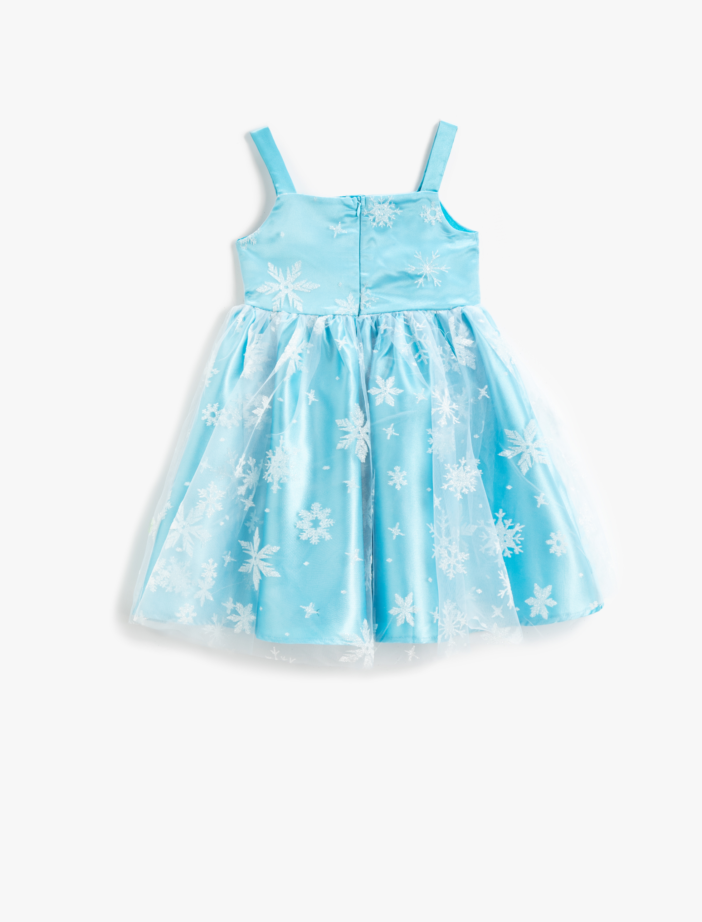  Kız Çocuk Elbise Saten Tüllü Geniş Askılı Kar Tanesi Baskılı