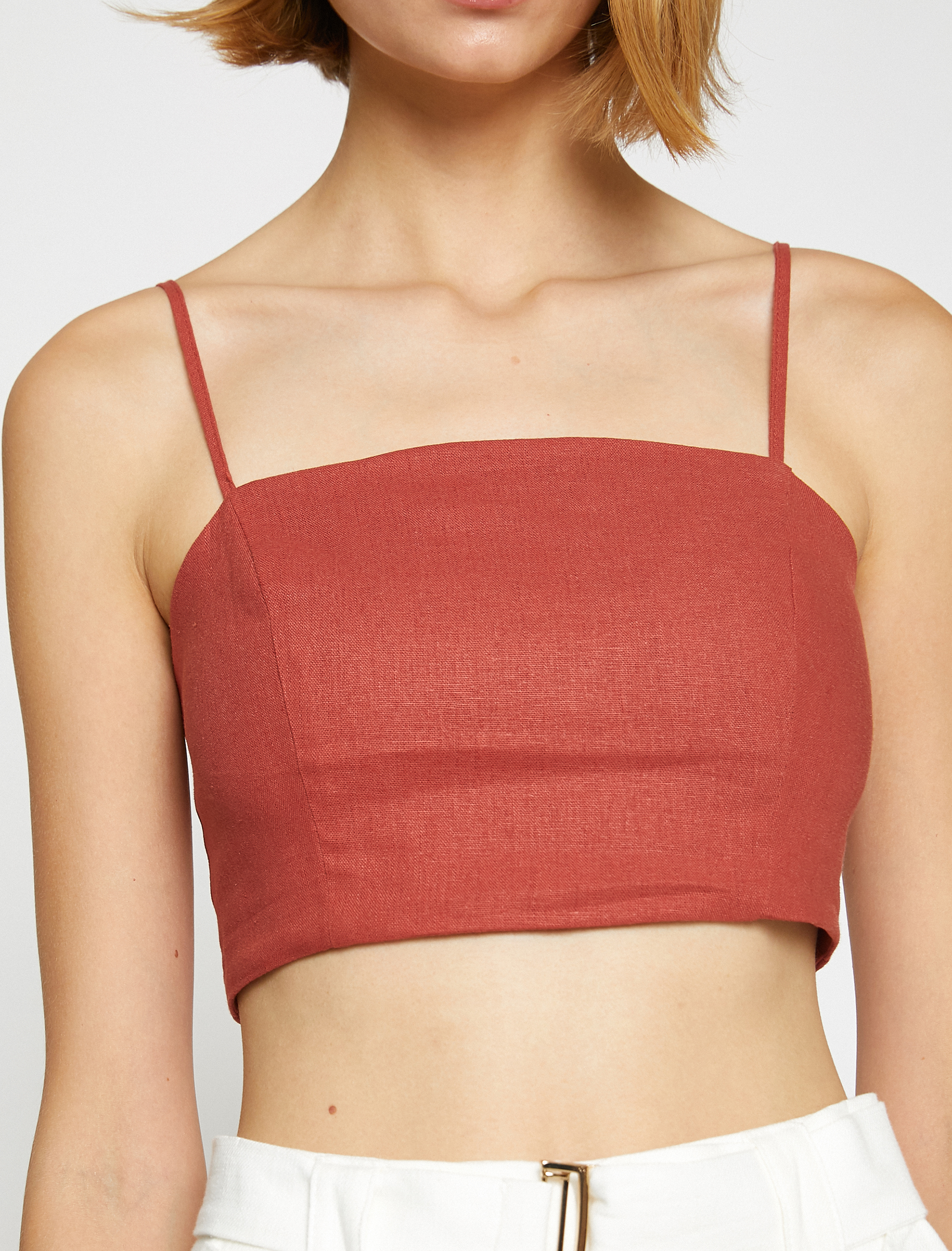   Crop Atlet İnce Askılı Keten Karışımlı