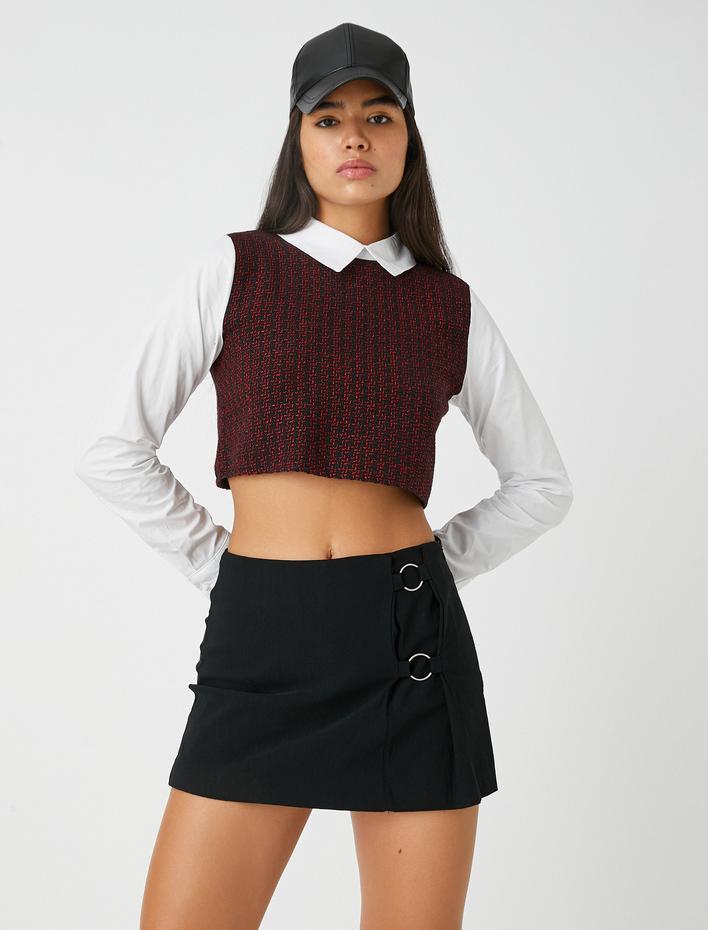  Crop Süveterli Gömlek Desenli