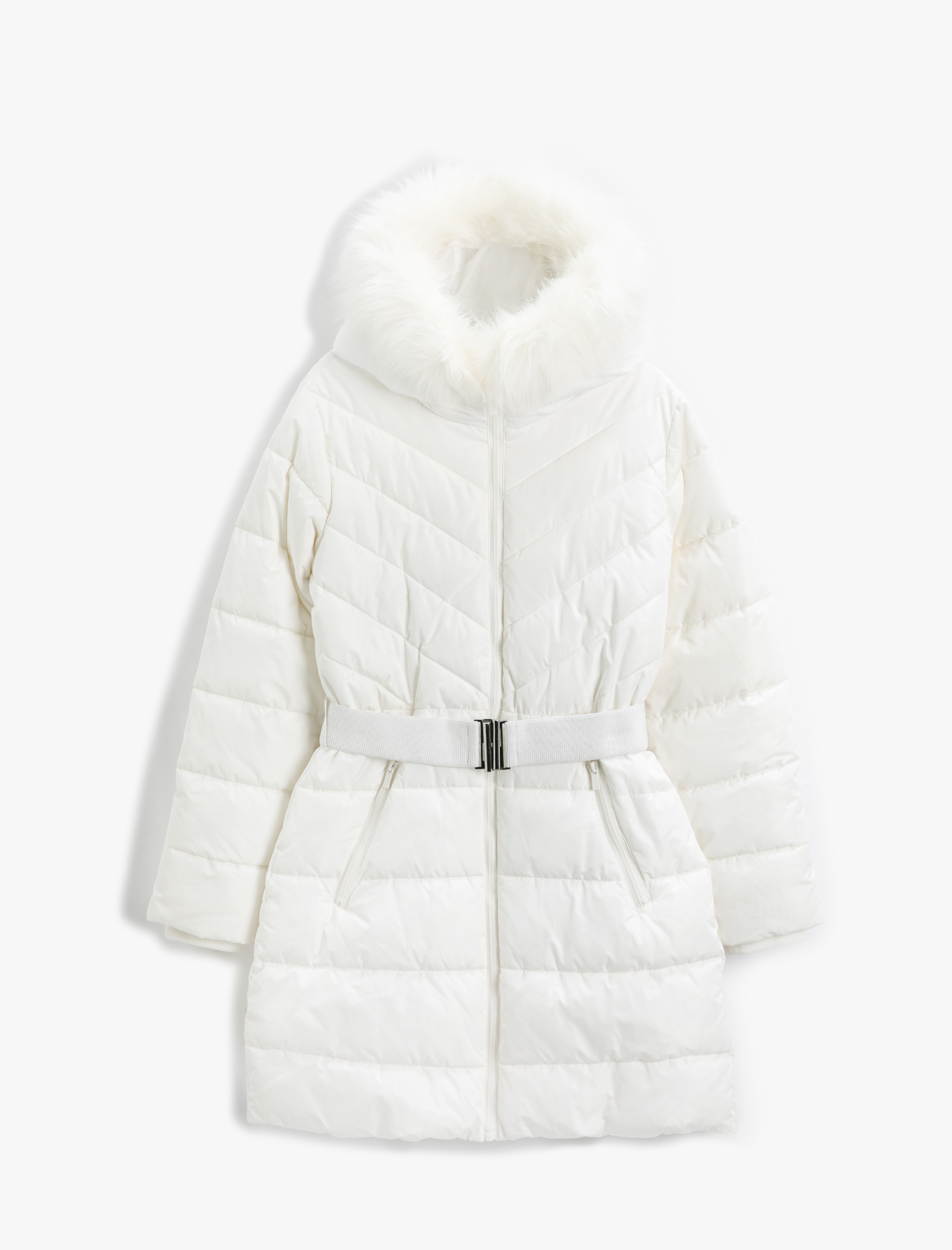   Uzun Şişme Mont Suni Kürk Detaylı Kemerli