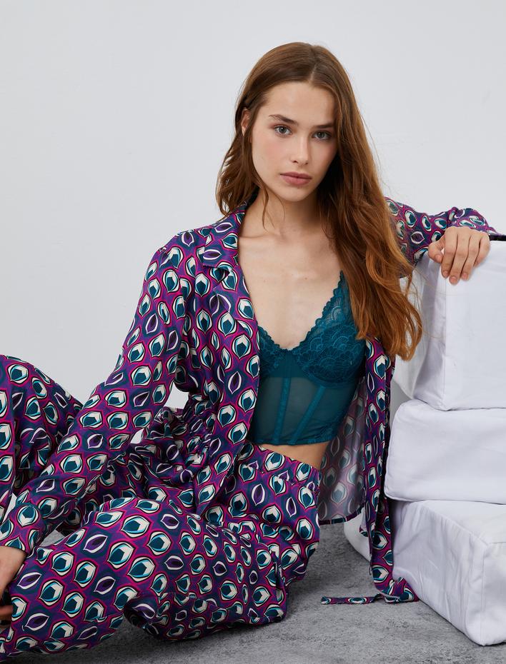  Desenli Saten Pijama Üstü Beli Büzgülü Cep Detaylı