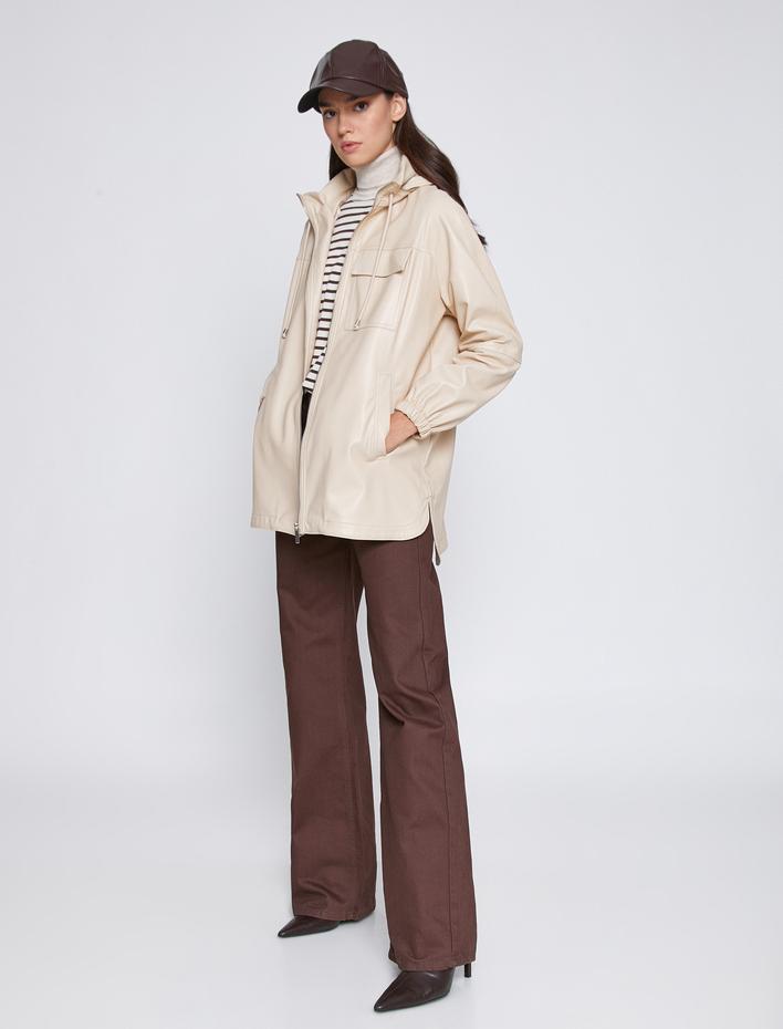  Suni Deri Yağmurluk Kapüşonlu Cepli