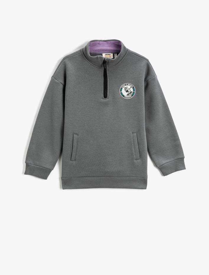 Erkek Çocuk Basic Dik Yaka Sweatshirt Fermuar Detaylı Cepli Şardonlu