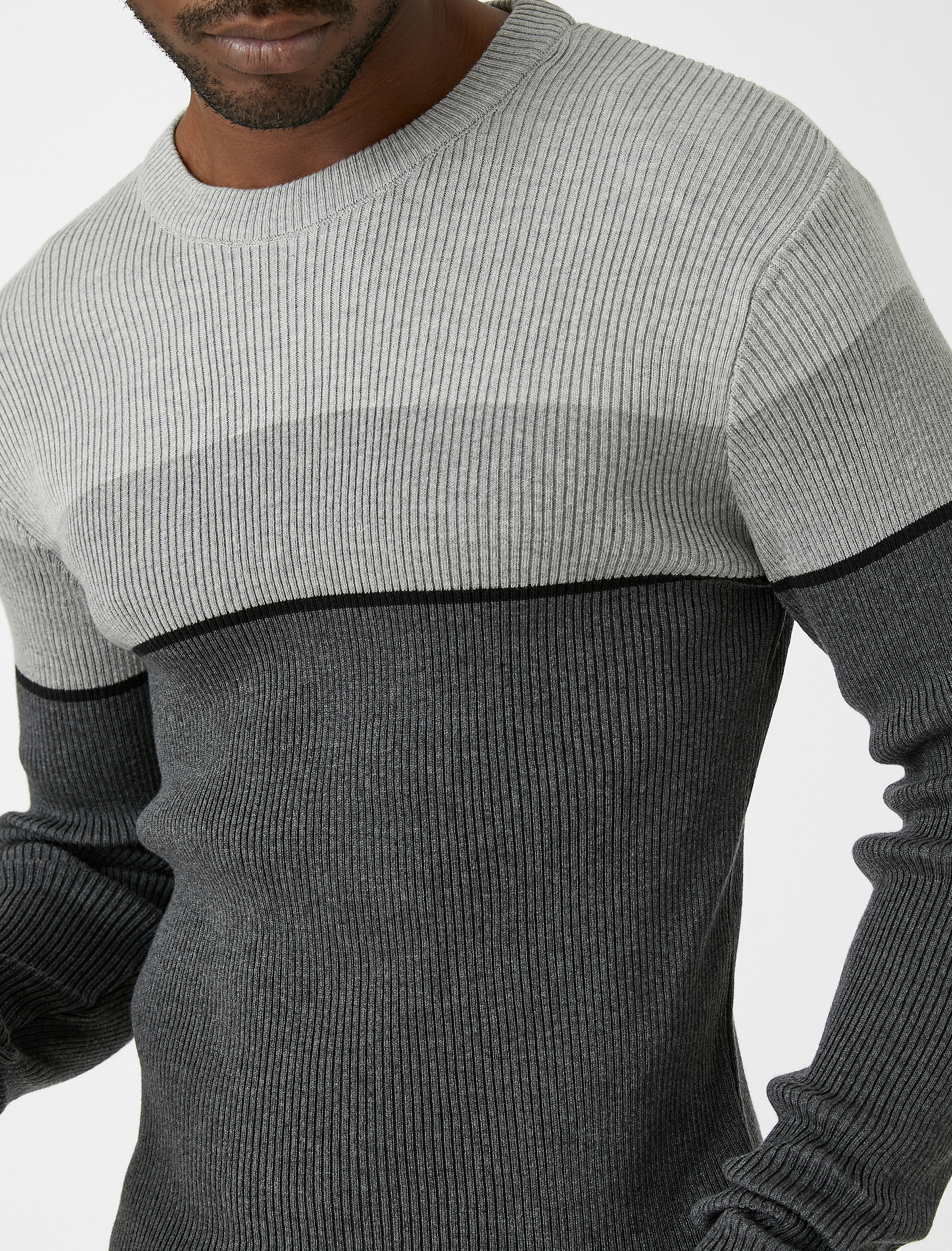 Basic Triko Kazak Bisiklet Yaka Renk Bloklu