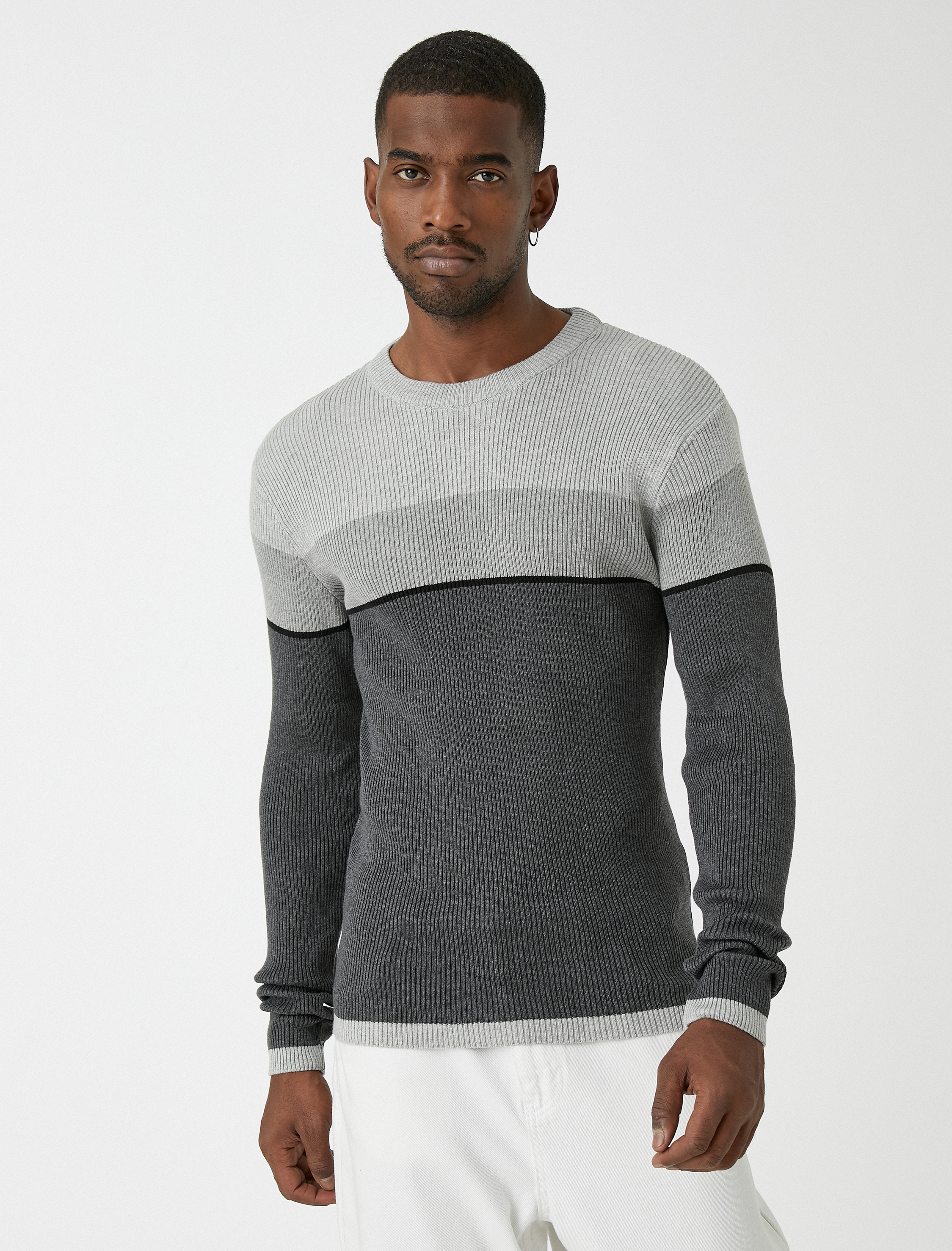 Basic Triko Kazak Bisiklet Yaka Renk Bloklu