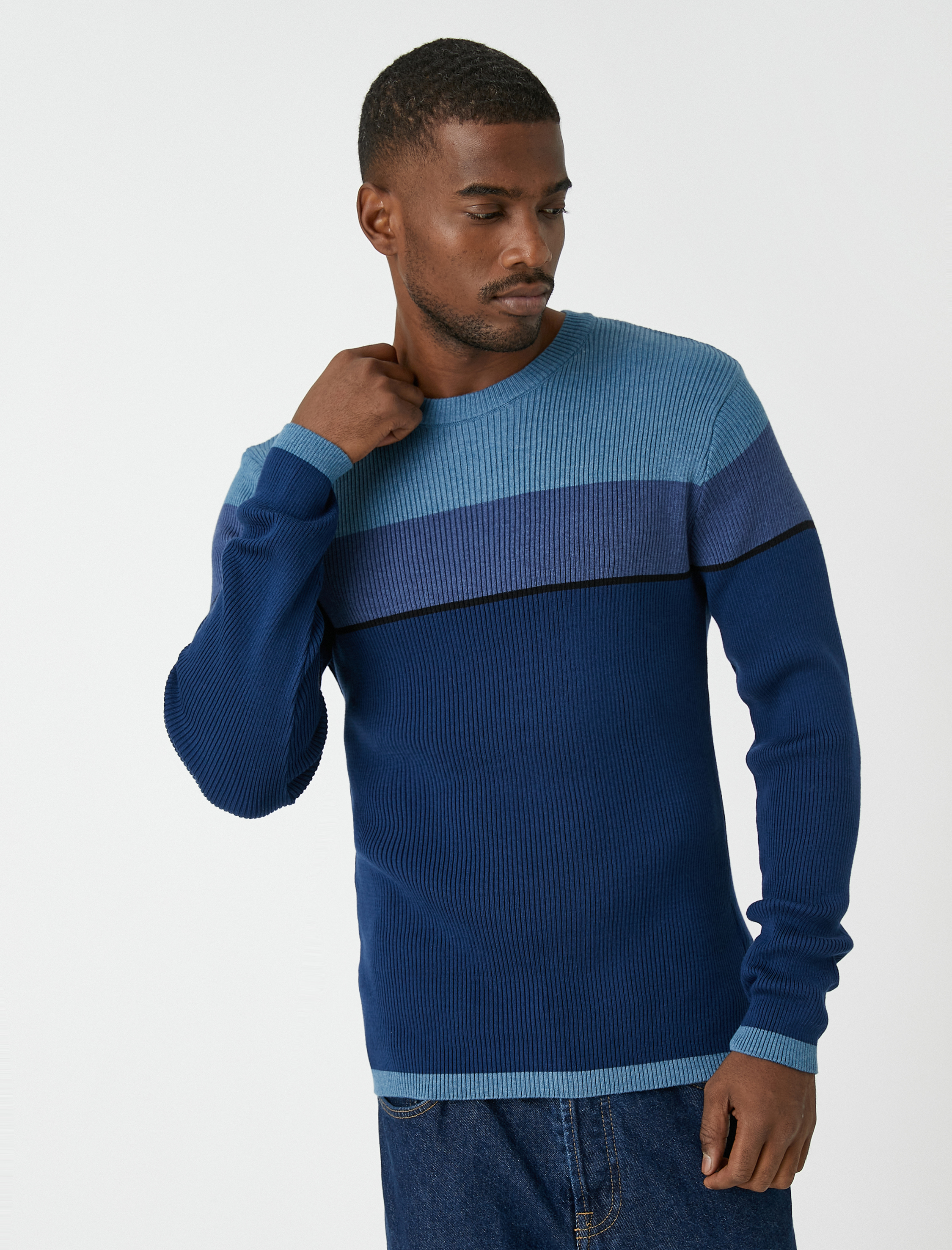 Basic Triko Kazak Bisiklet Yaka Renk Bloklu