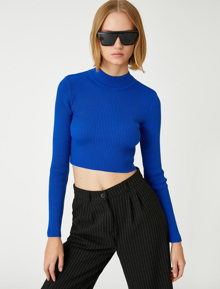  Crop Triko Kazak Dik Yaka Ribanalı Kaşmir Dokulu