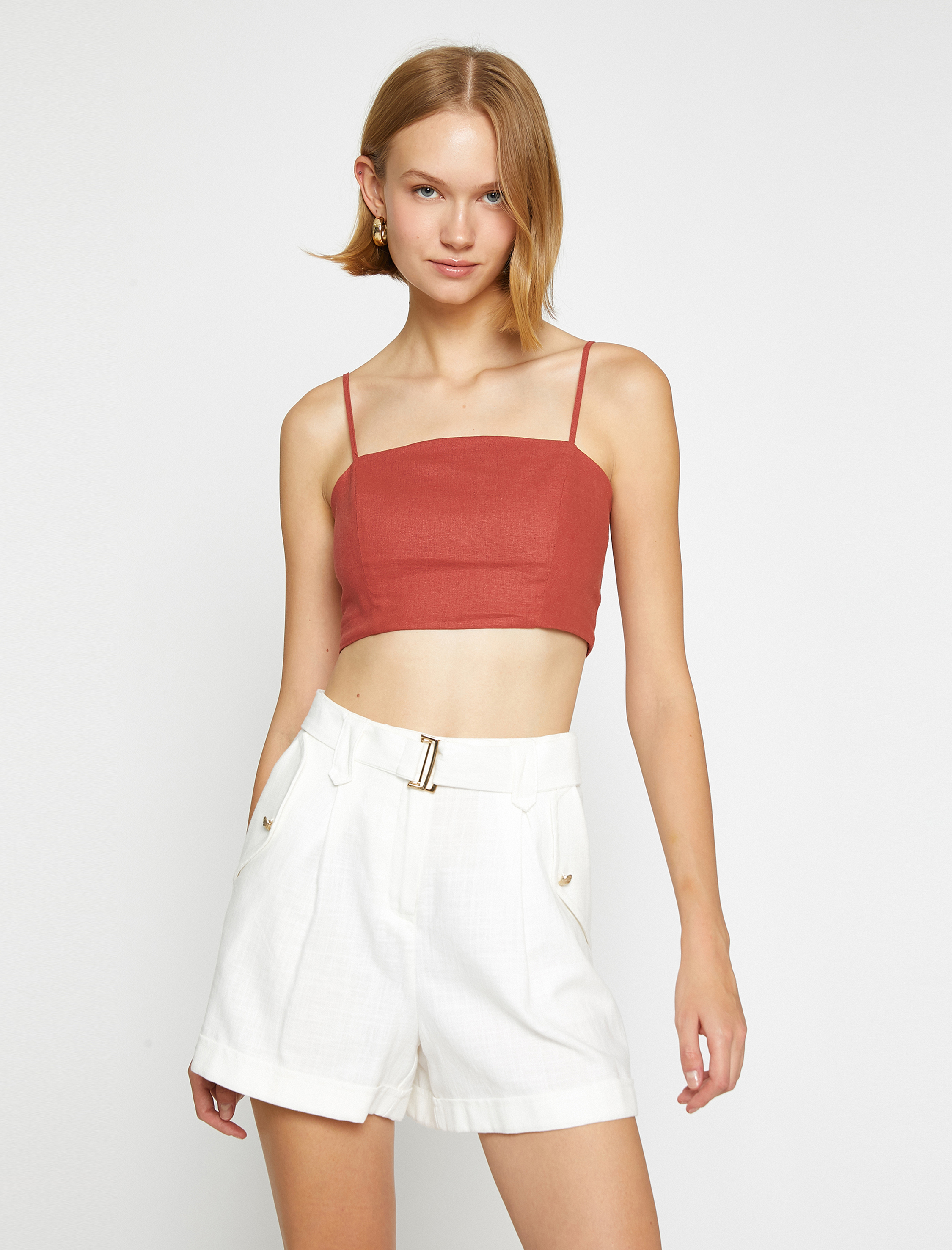   Crop Atlet İnce Askılı Keten Karışımlı